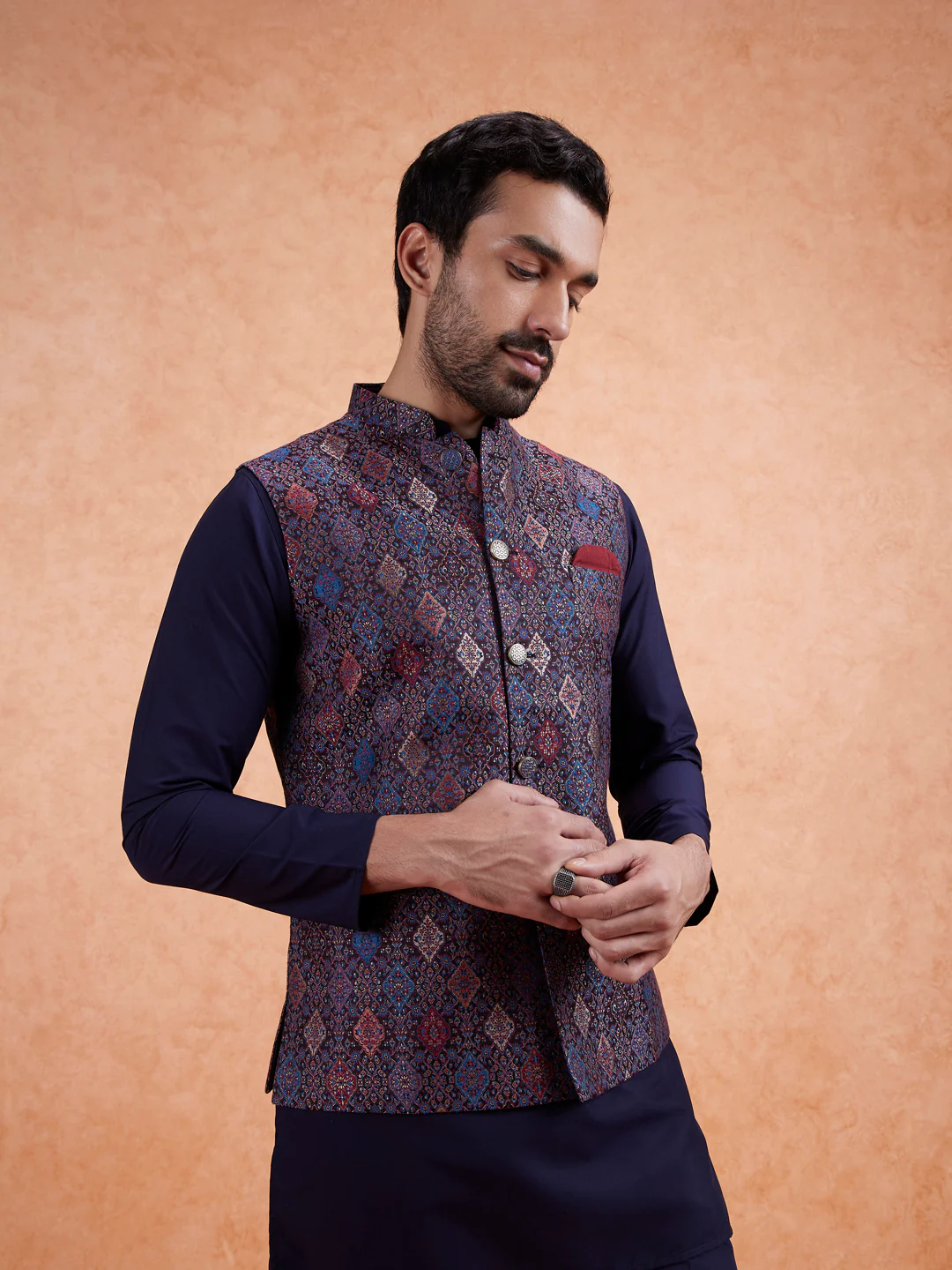 Multicolor Jacquard Kurta Jacket Set - Image 9