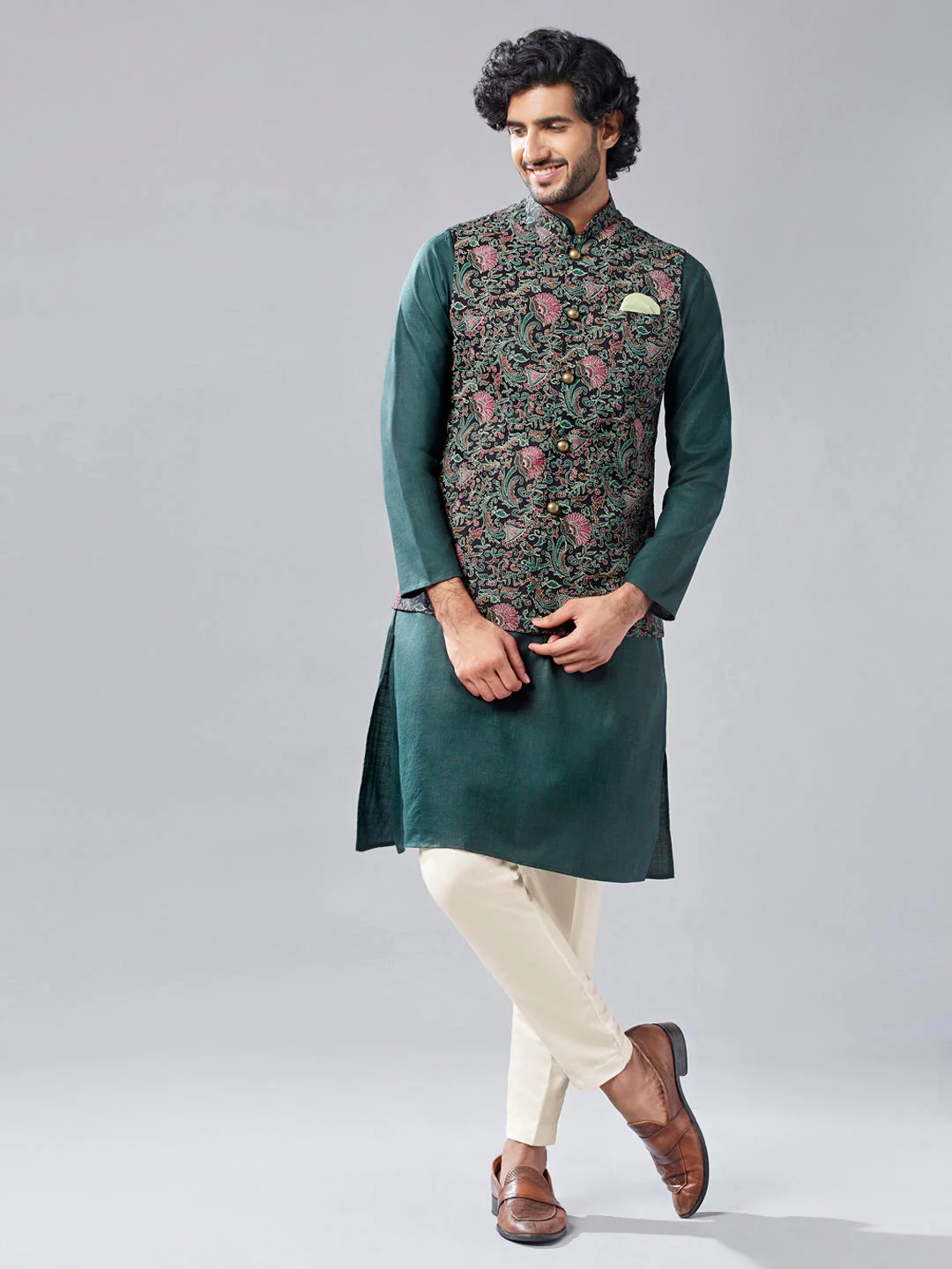 Multicolored Embroidered Jacket Set with Green Kurta & Cream Bottomwear - Image 2