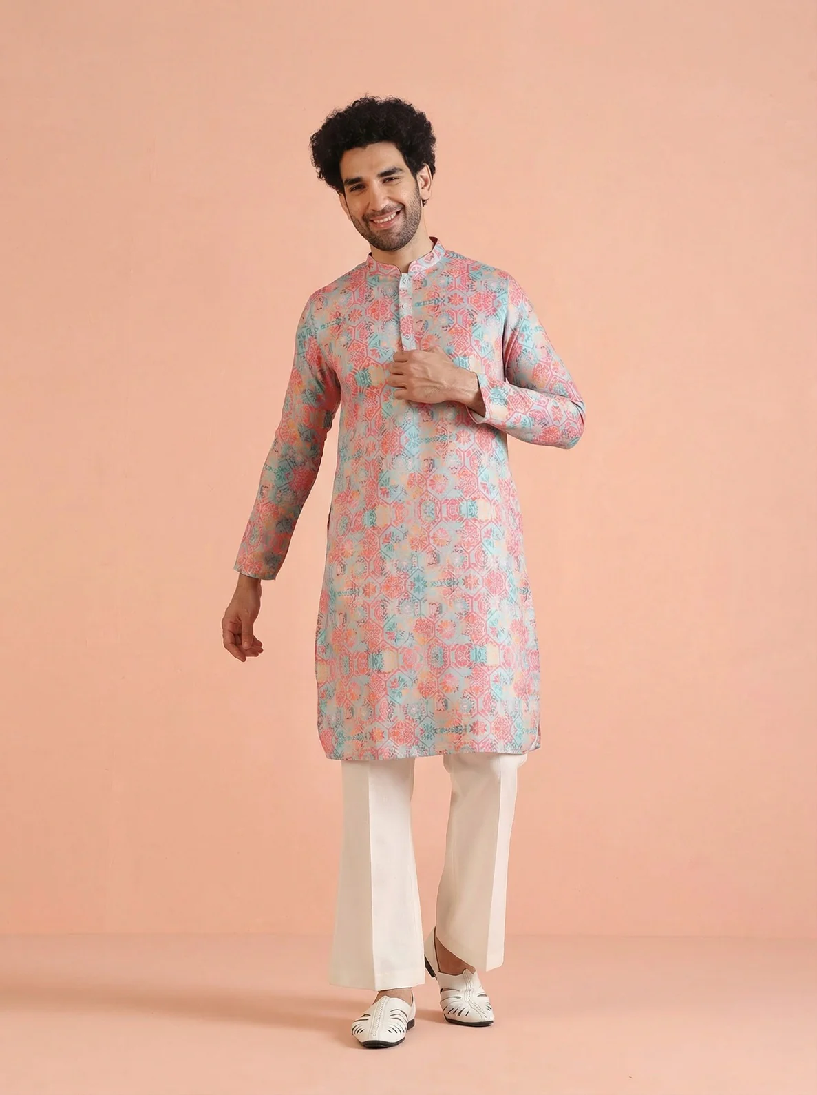Multicolour Art Silk Printed Kurta Wide Leg Trouser Set