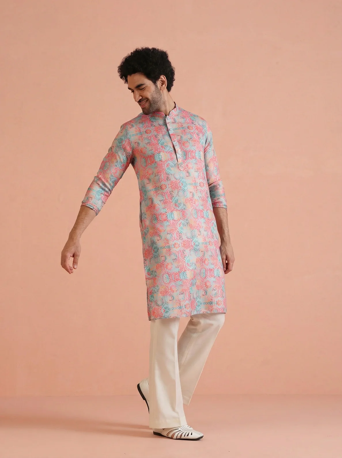 Multicolour Art Silk Printed Kurta Wide Leg Trouser Set - Image 6