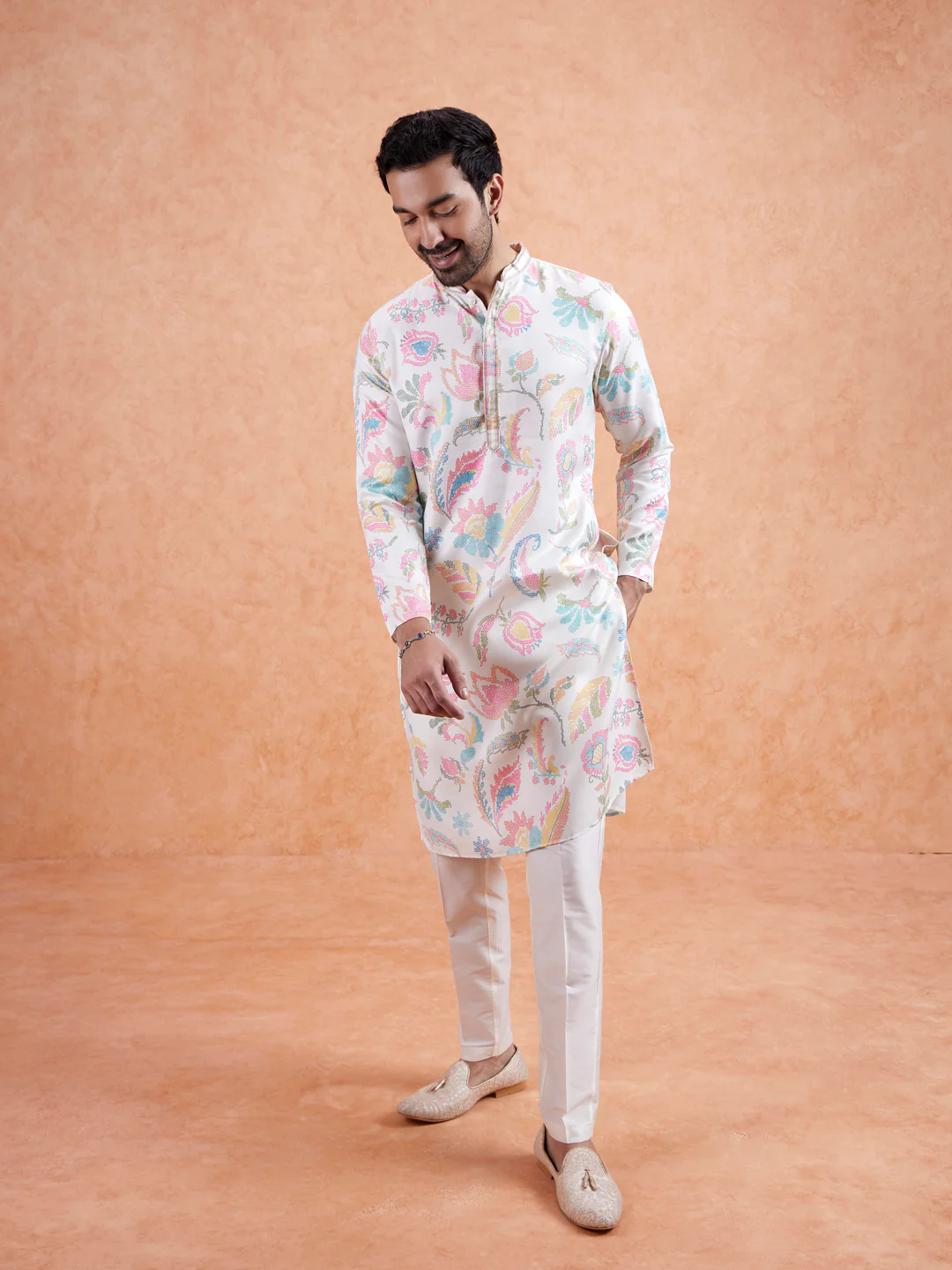 White Silk Blend Multi-Color Printed Kurta Set