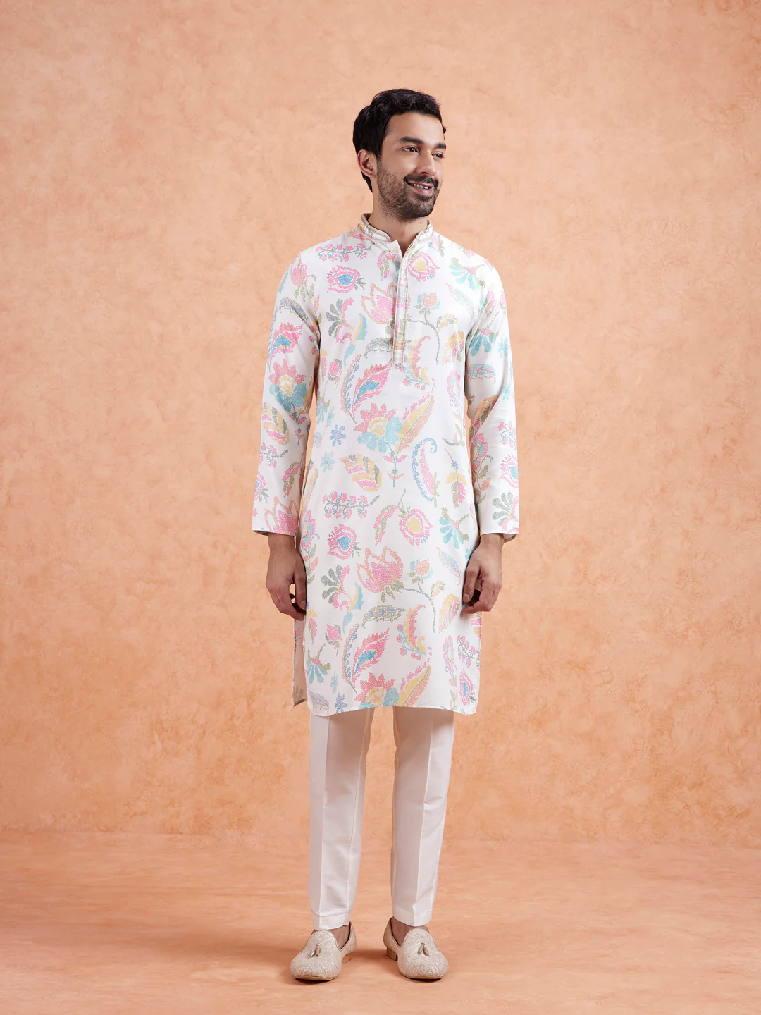 White Silk Blend Multi-Color Printed Kurta Set - Image 10