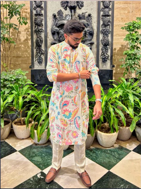 White Silk Blend Multi-Color Printed Kurta Set - Image 2