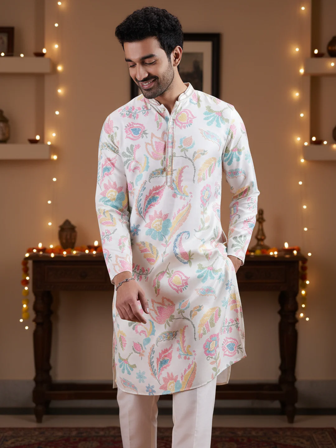 White Silk Blend Multi-Color Printed Kurta Set - Image 3