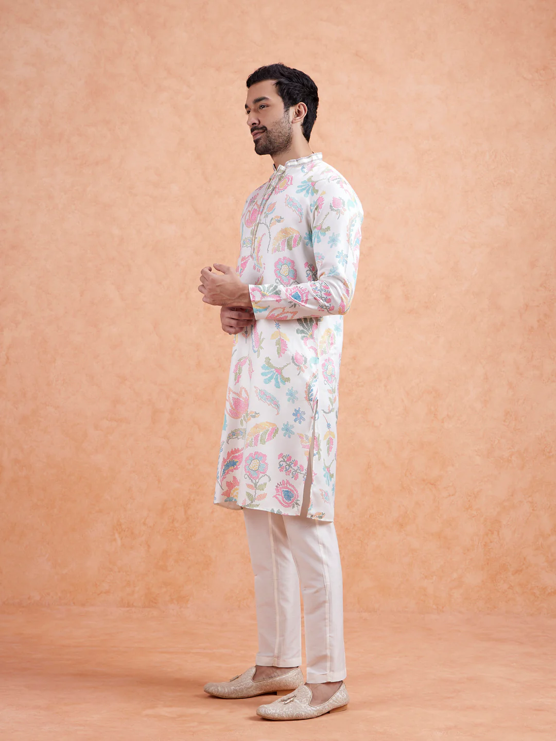 White Silk Blend Multi-Color Printed Kurta Set - Image 5