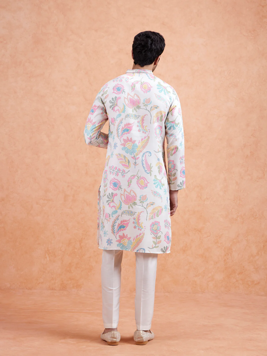 White Silk Blend Multi-Color Printed Kurta Set - Image 6