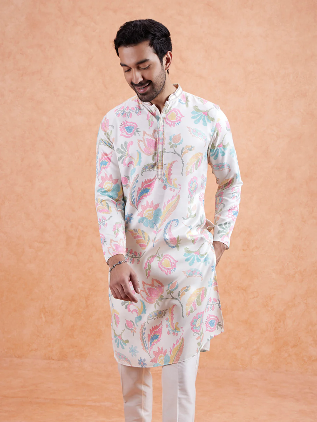 White Silk Blend Multi-Color Printed Kurta Set - Image 7