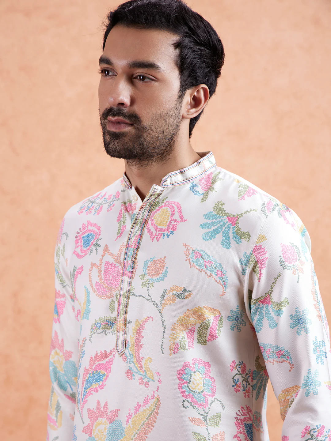 White Silk Blend Multi-Color Printed Kurta Set - Image 8