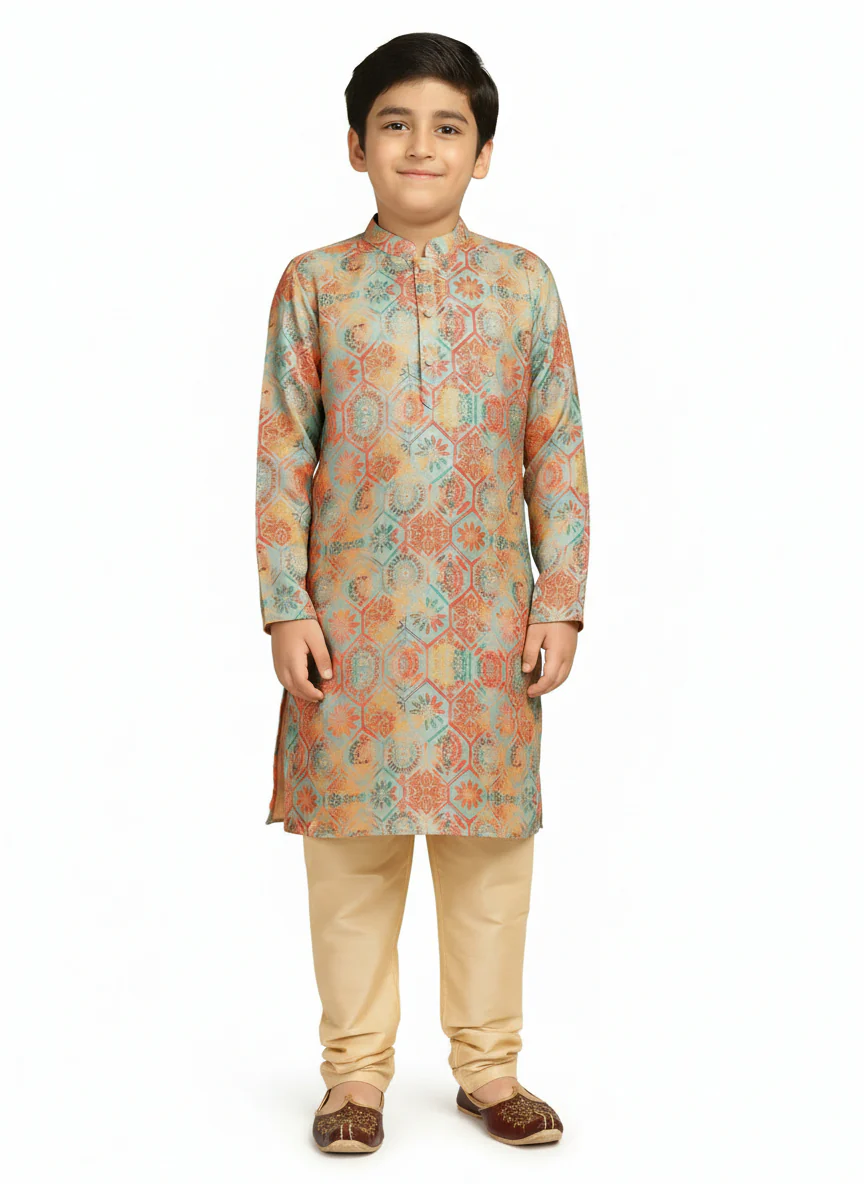 Multicolour Printed Kids Kurta Pyjama Set - Image 7