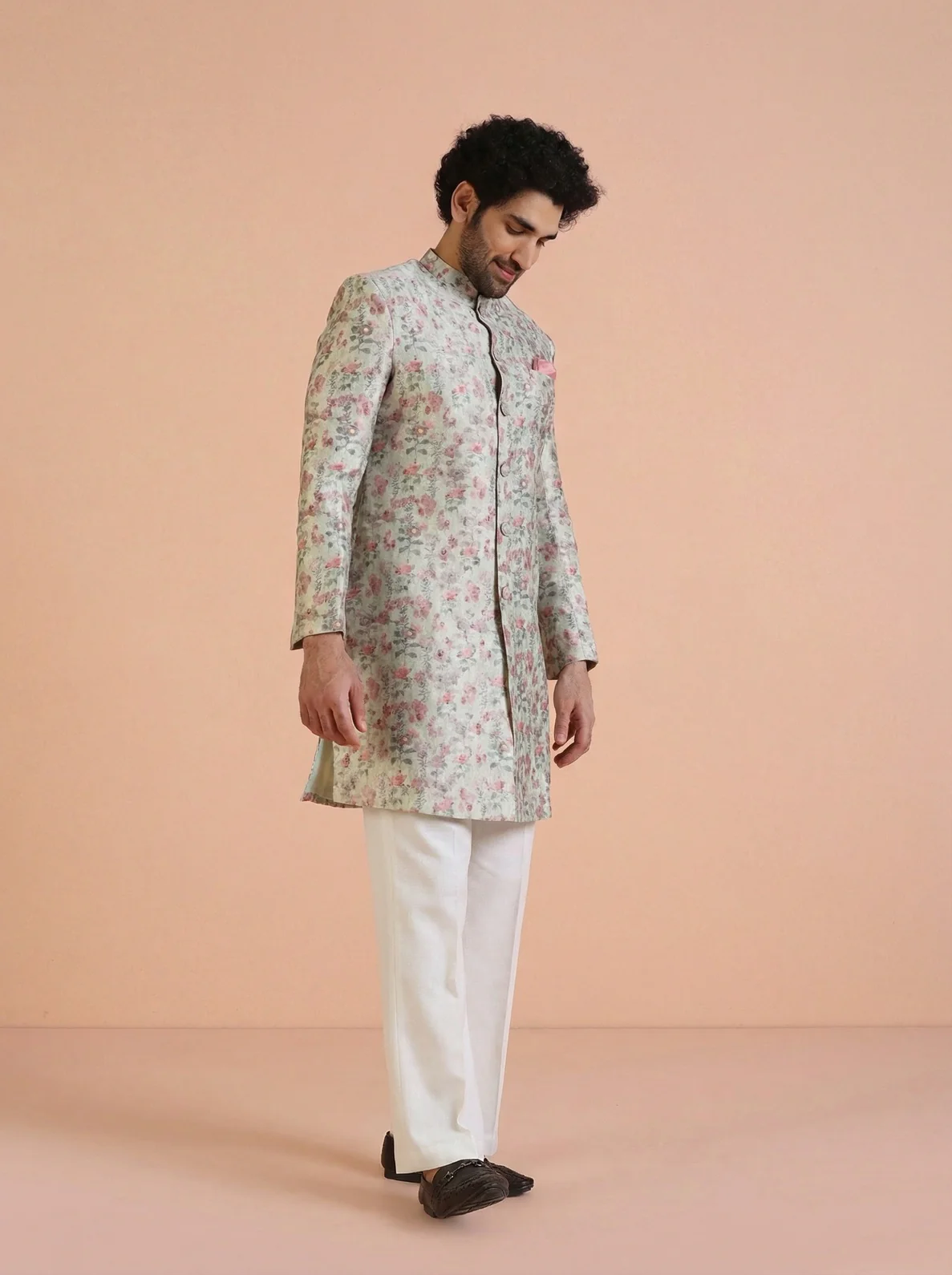 Multicolour Silk Blend Jacquard Sherwani Wide Leg Trouser Set - Image 6