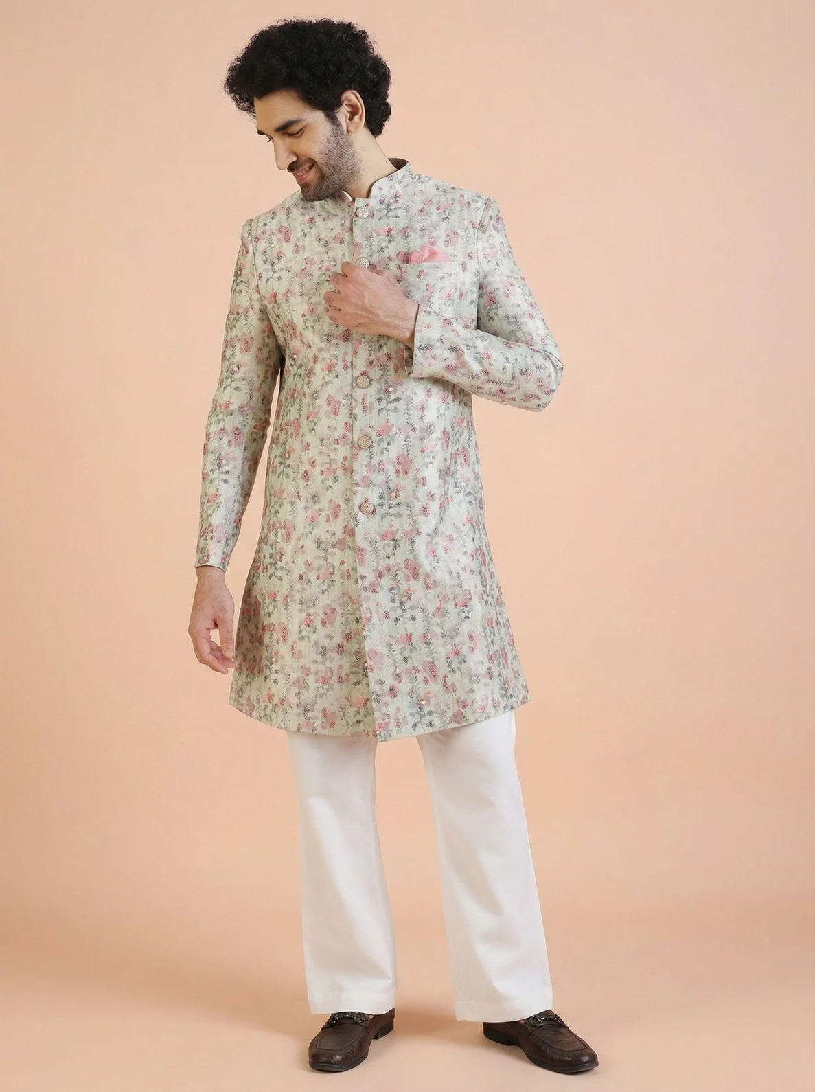 Multicolour Silk Blend Jacquard Sherwani Wide Leg Trouser Set - Image 7