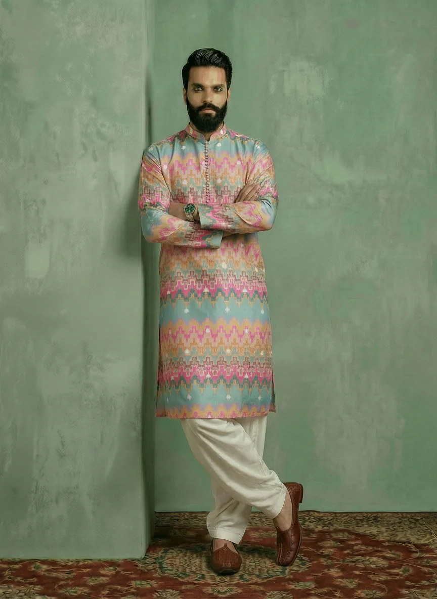 Multicolour Silk Blend Printed Kurta Patiyala Set