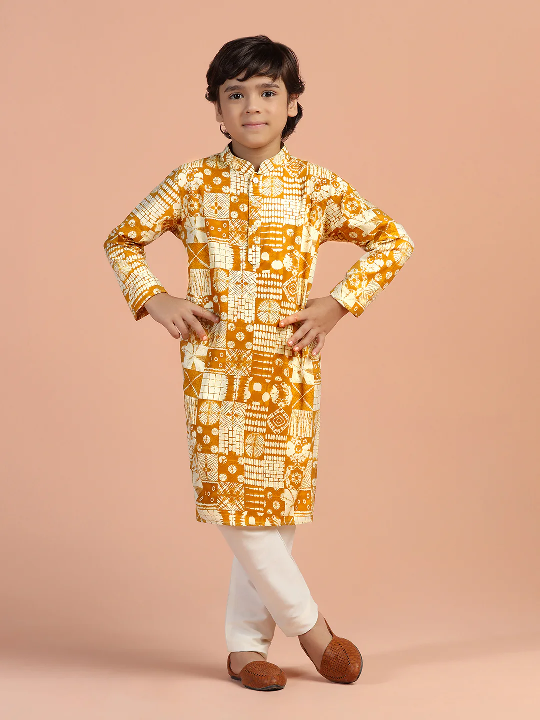 Mustard Geometric Print Kids Kurta Set
