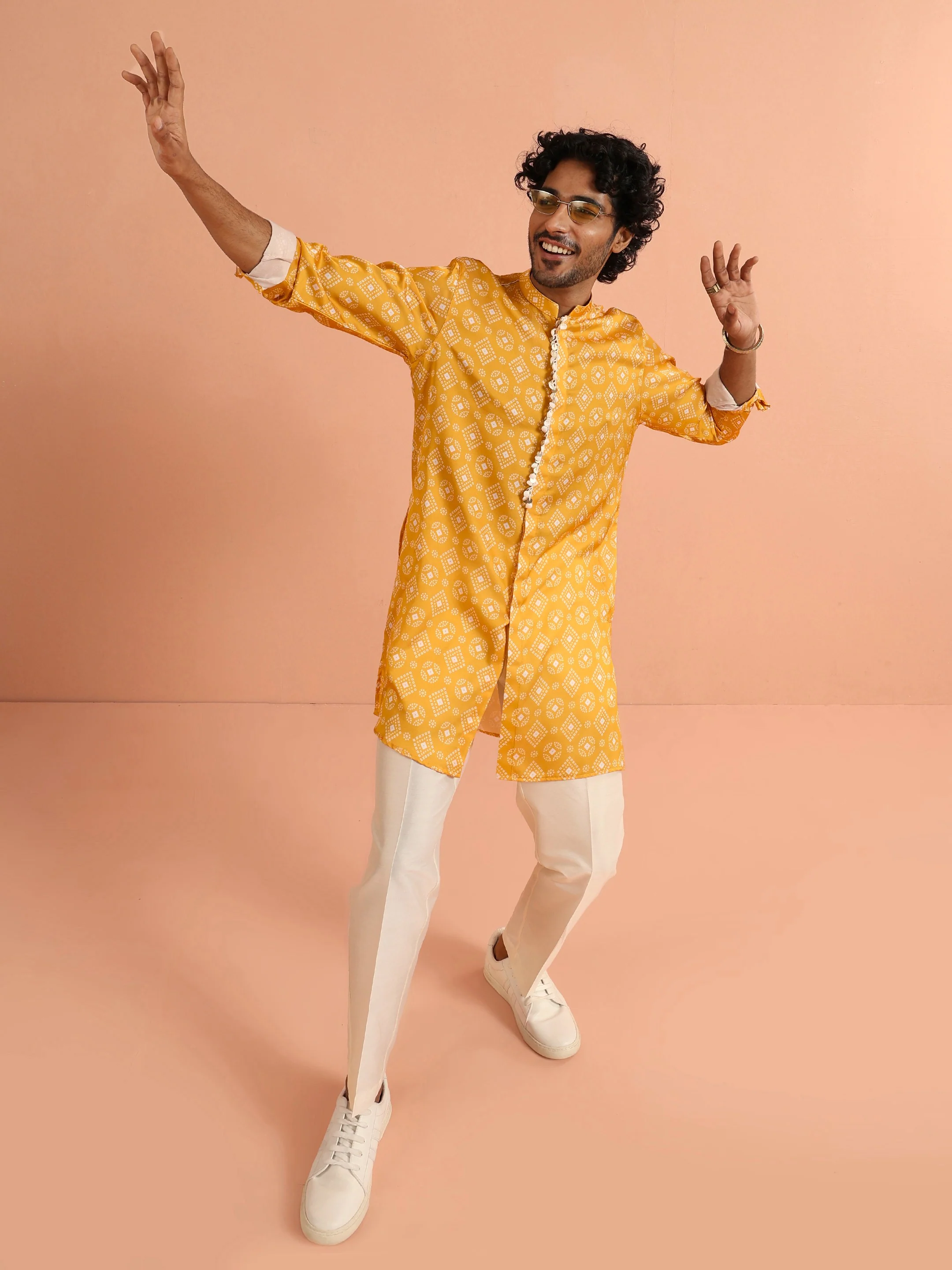 Mustard Printed Cotton Kurta Trouser Set
