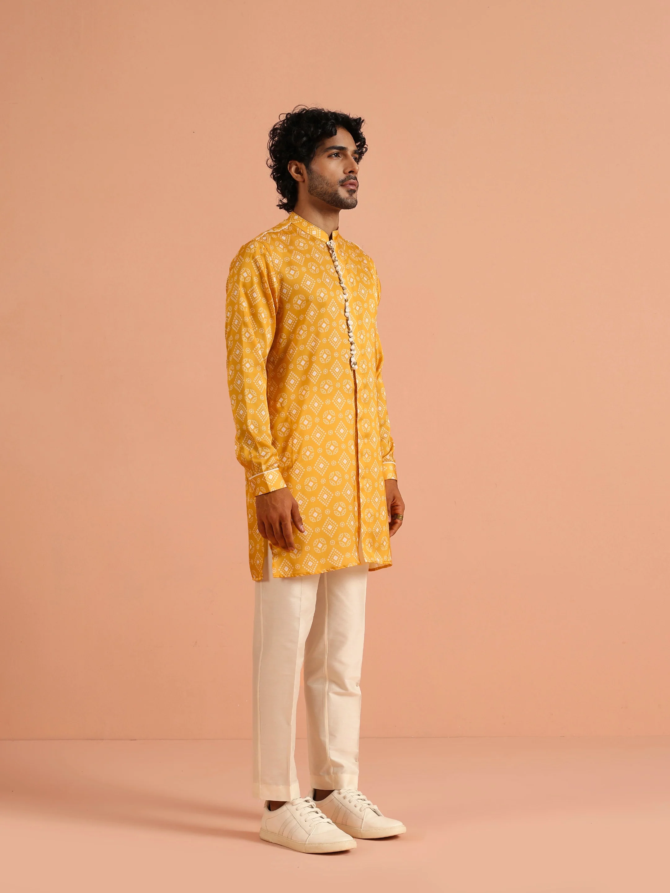 Mustard Printed Cotton Kurta Trouser Set - Image 3
