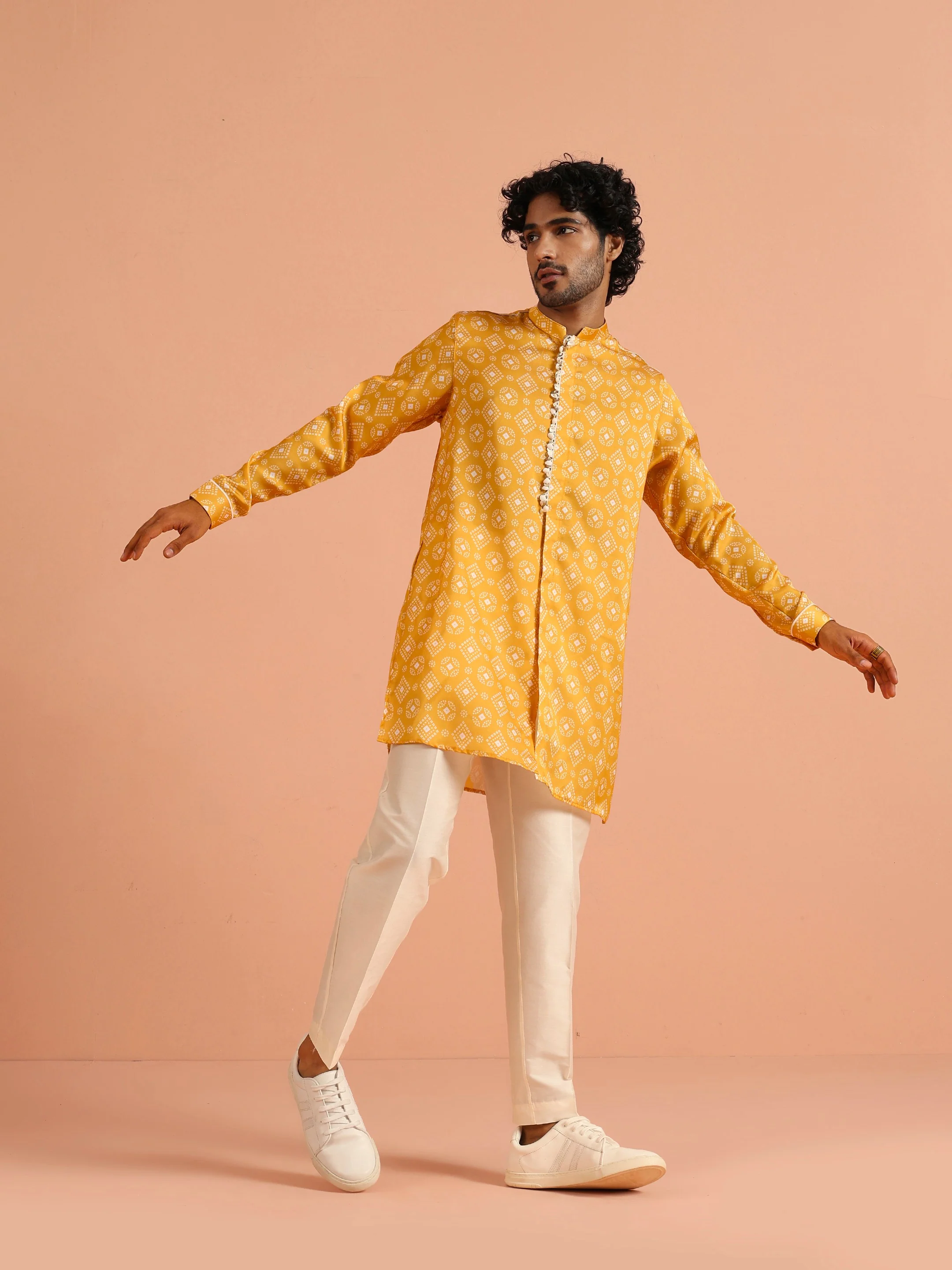 Mustard Printed Cotton Kurta Trouser Set - Image 9