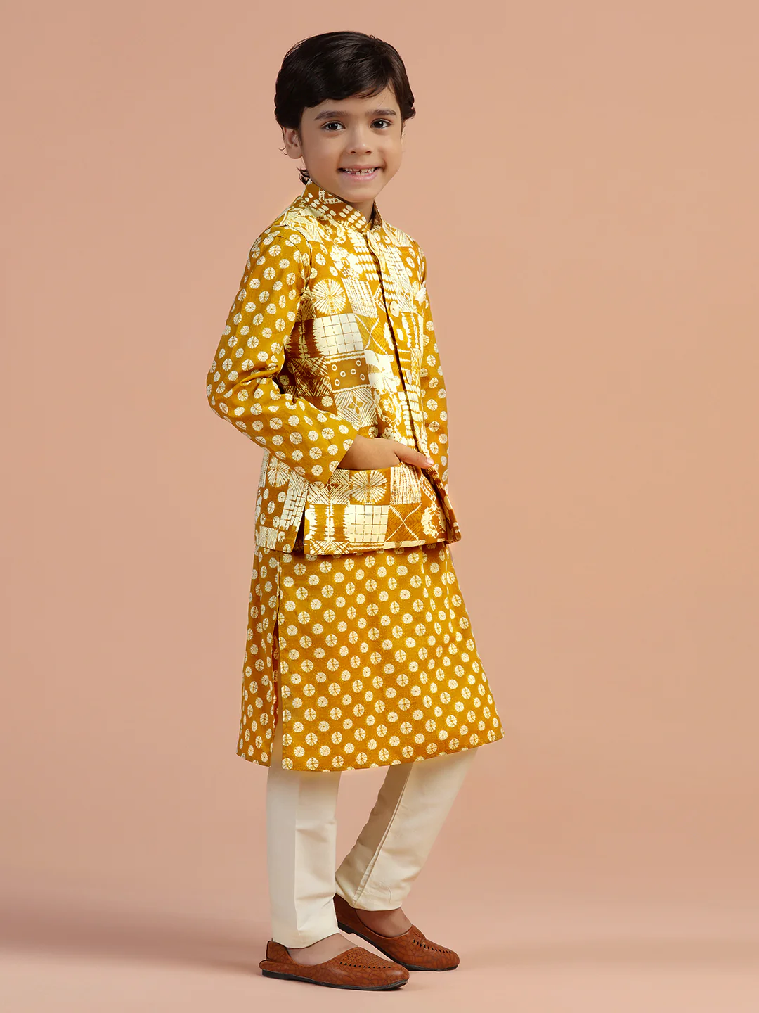 Mustard Printed Kids Kurta Jacket Set - Image 2