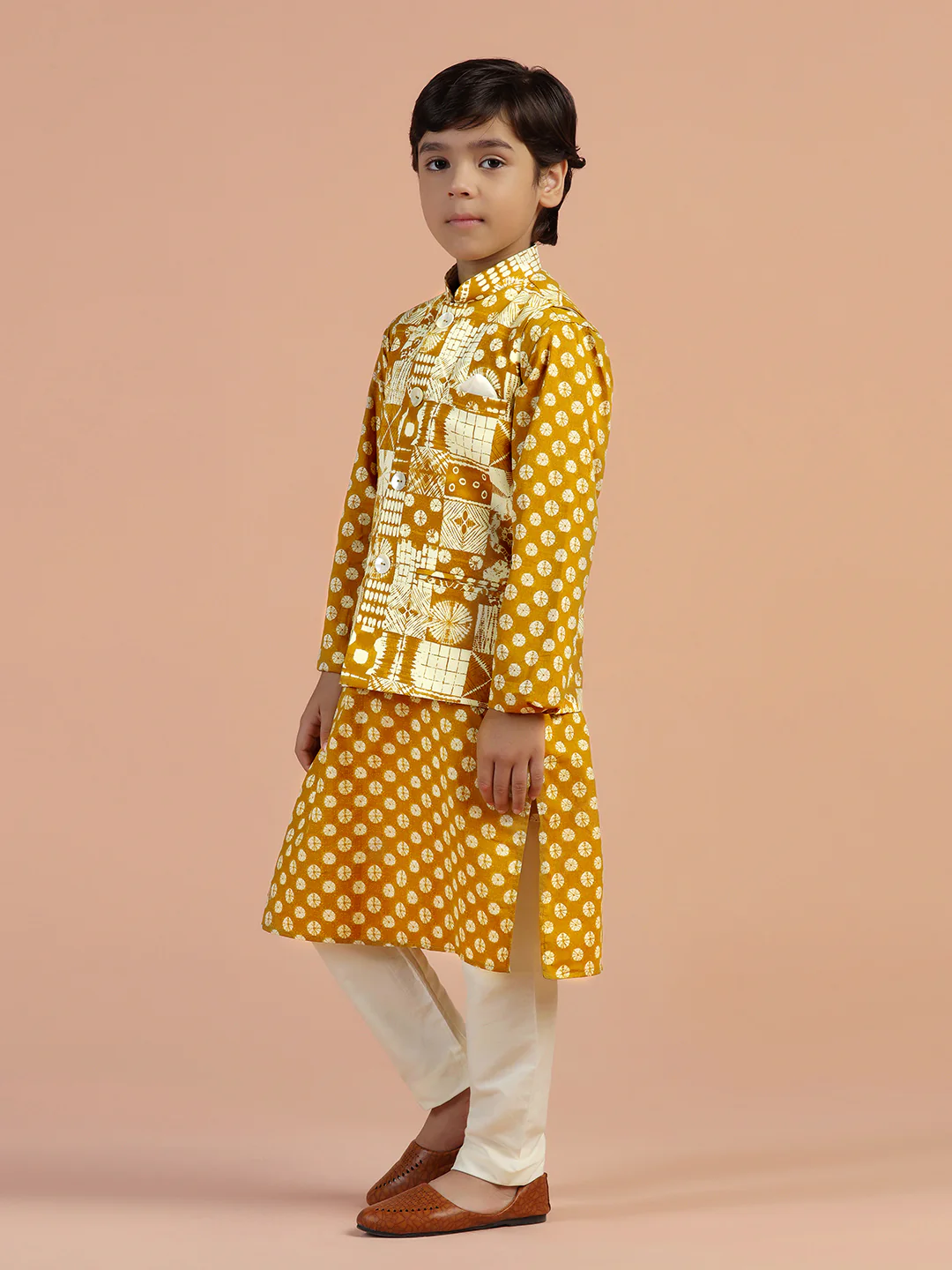 Mustard Printed Kids Kurta Jacket Set - Image 3