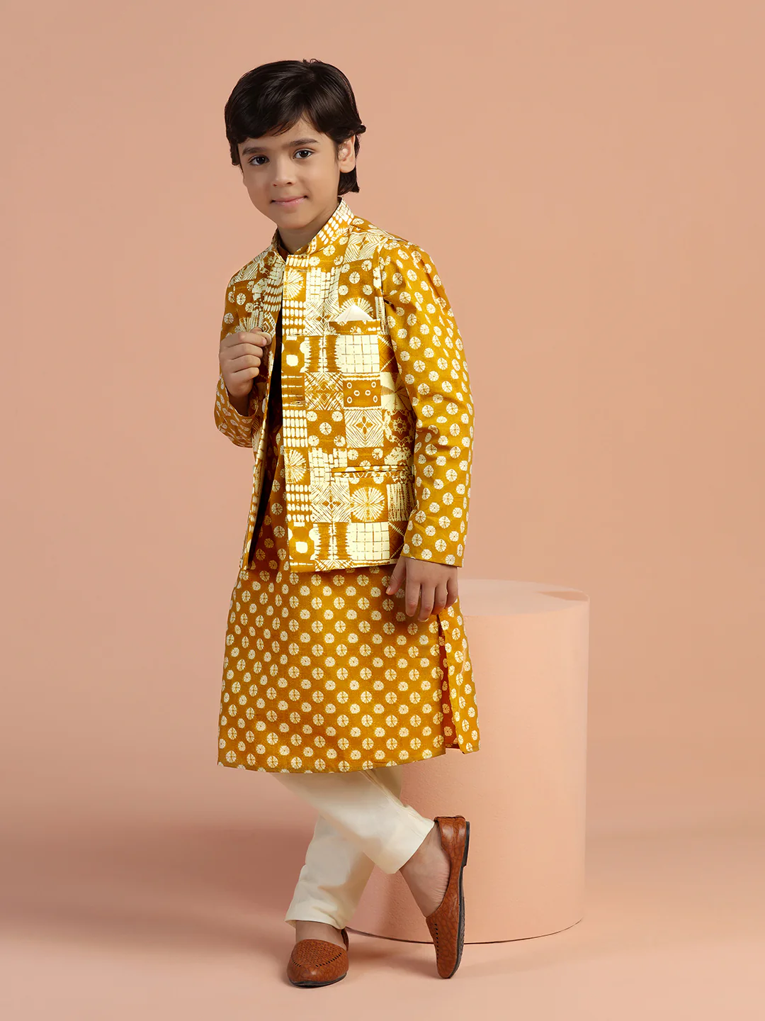 Mustard Printed Kids Kurta Jacket Set - Image 7