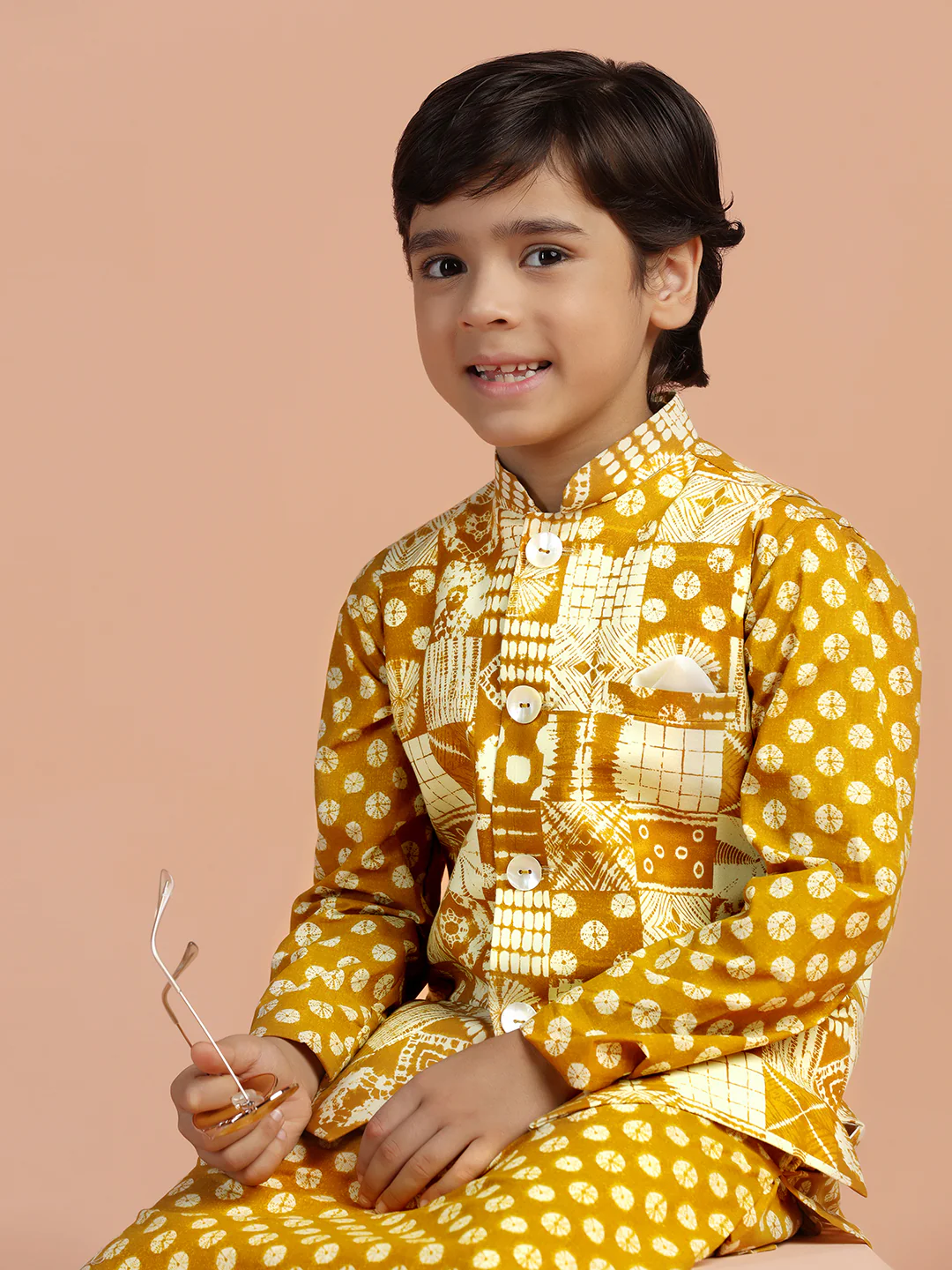 Mustard Printed Kids Kurta Jacket Set - Image 8