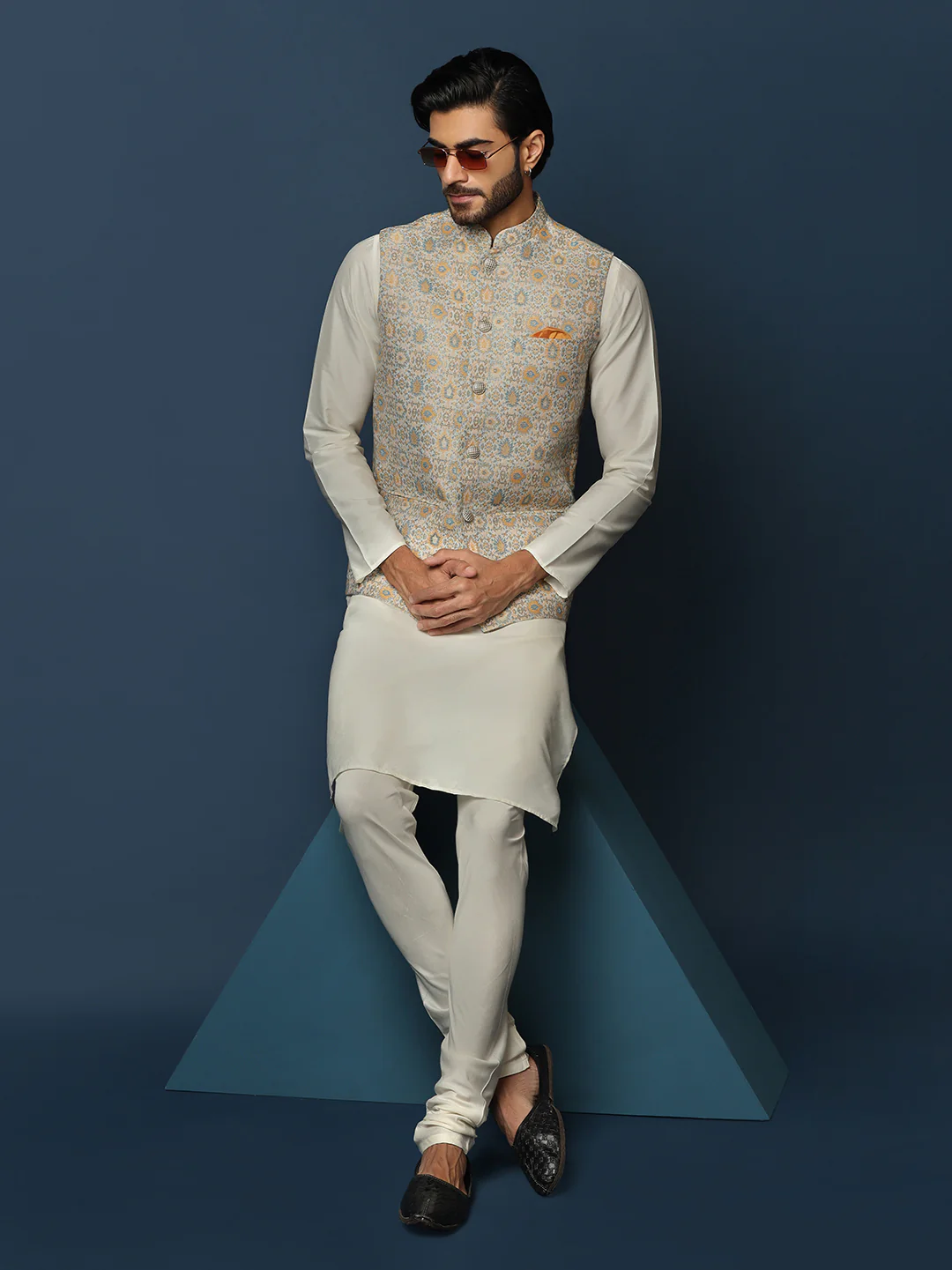 Beige Silk Blend Textured Nehru Jacket Kurta Churidar