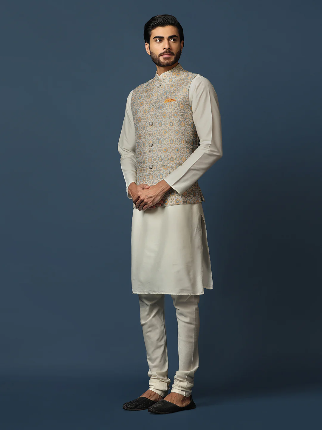 Beige Silk Blend Textured Nehru Jacket Kurta Churidar - Image 2