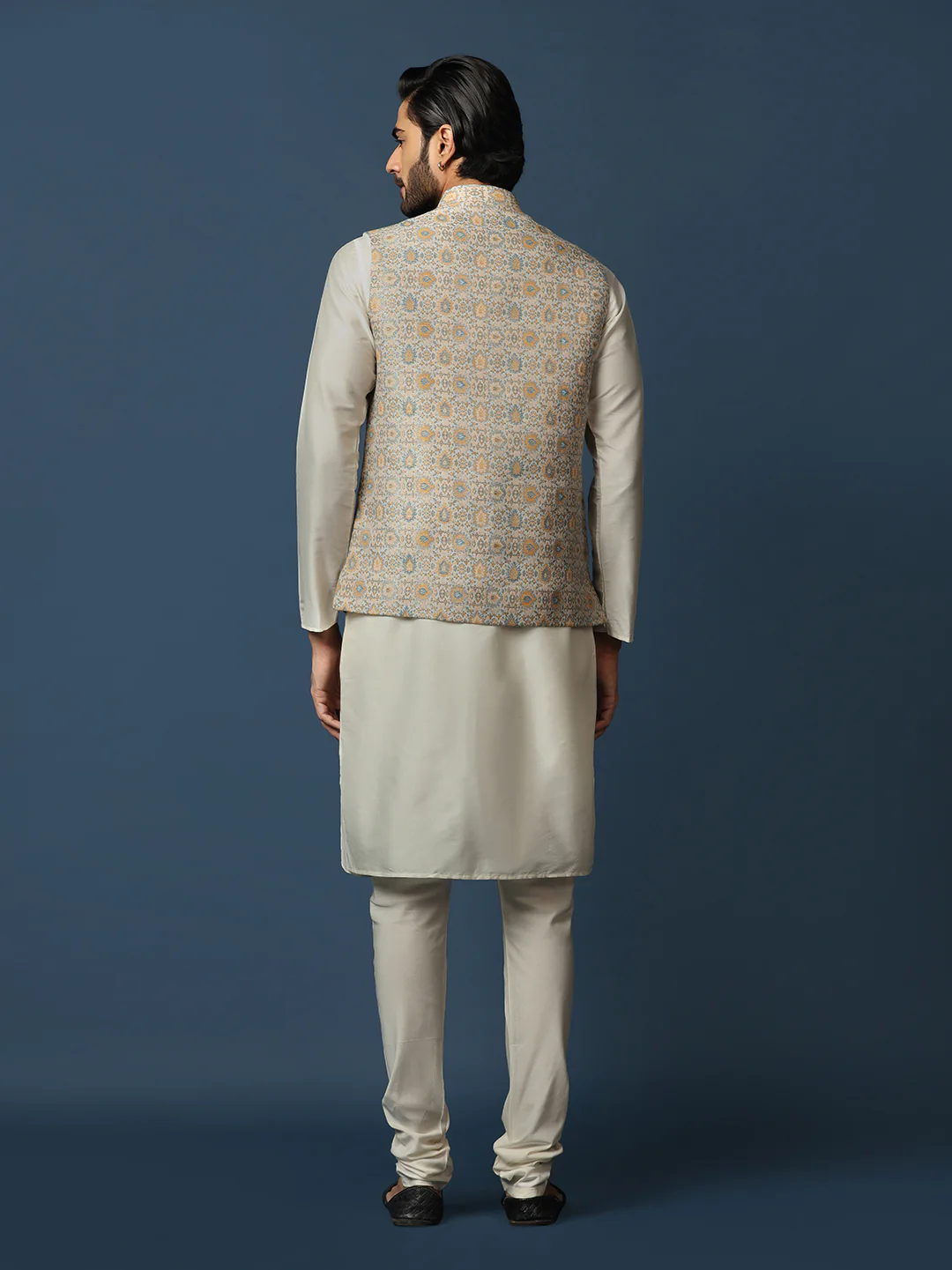 Beige Silk Blend Textured Nehru Jacket Kurta Churidar - Image 4