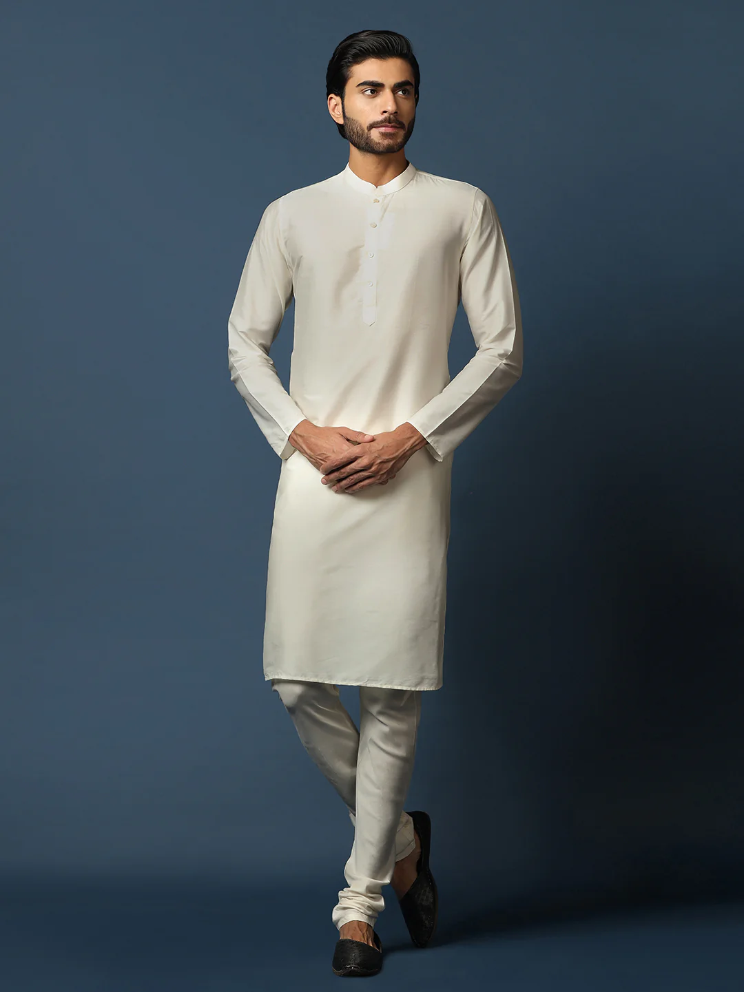 Beige Silk Blend Textured Nehru Jacket Kurta Churidar - Image 5