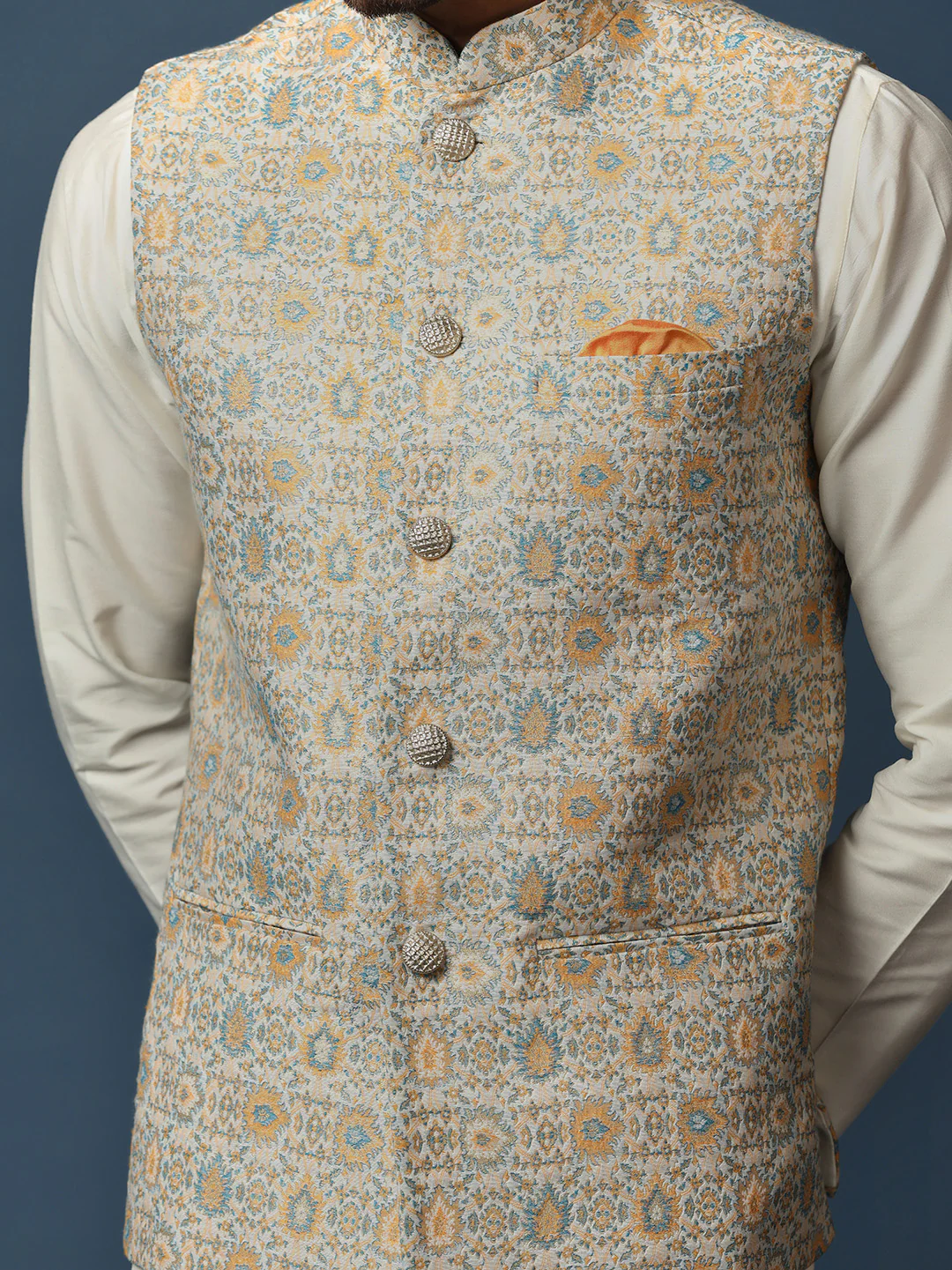 Beige Silk Blend Textured Nehru Jacket Kurta Churidar - Image 6