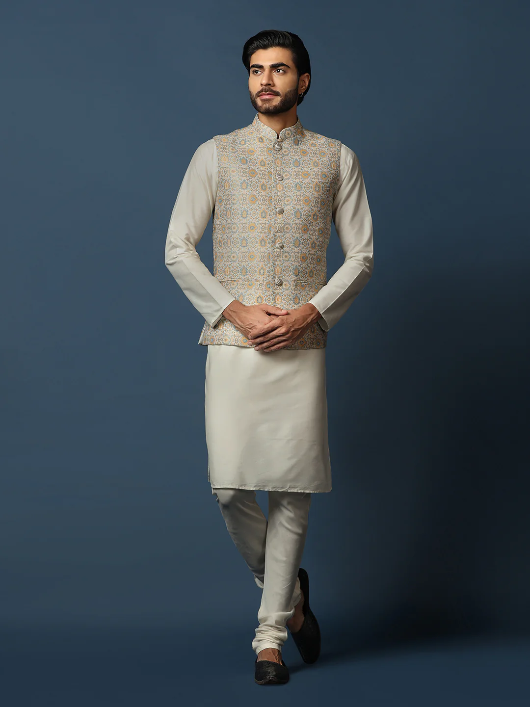 Beige Silk Blend Textured Nehru Jacket Kurta Churidar - Image 8