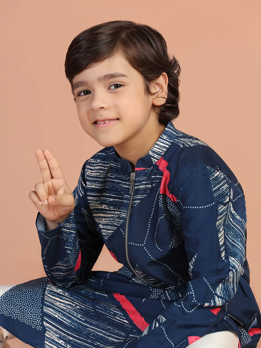 Navy Abstract Print Kids Kurta Set - Image 8