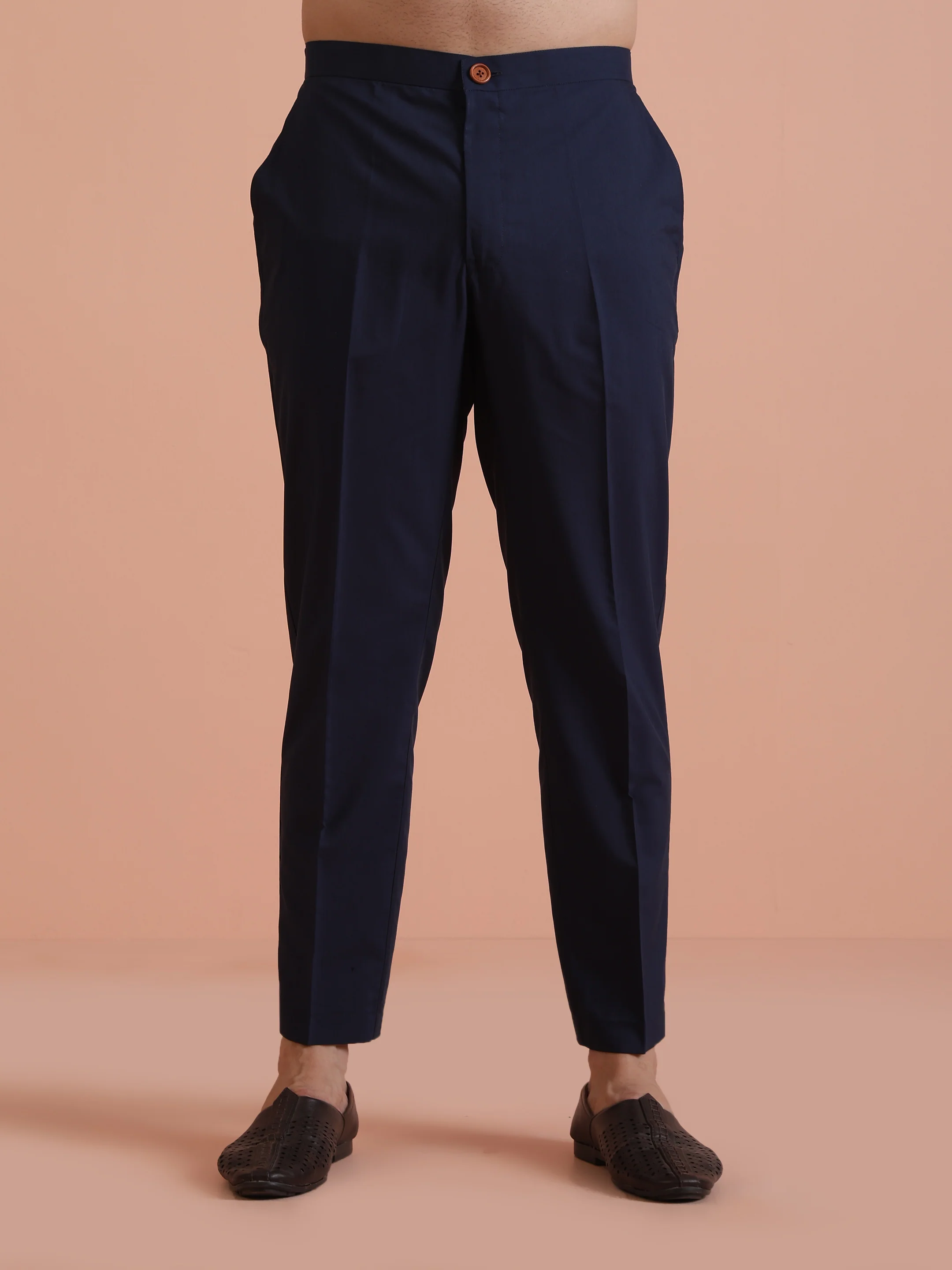 Navy Blue Blended Solid Trouser