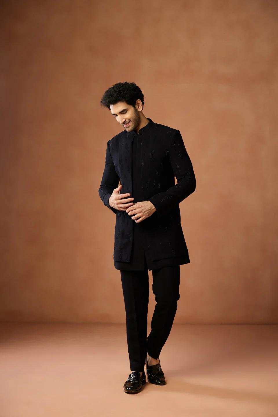 Black Silk Blend Embellished Short Sherwani Set