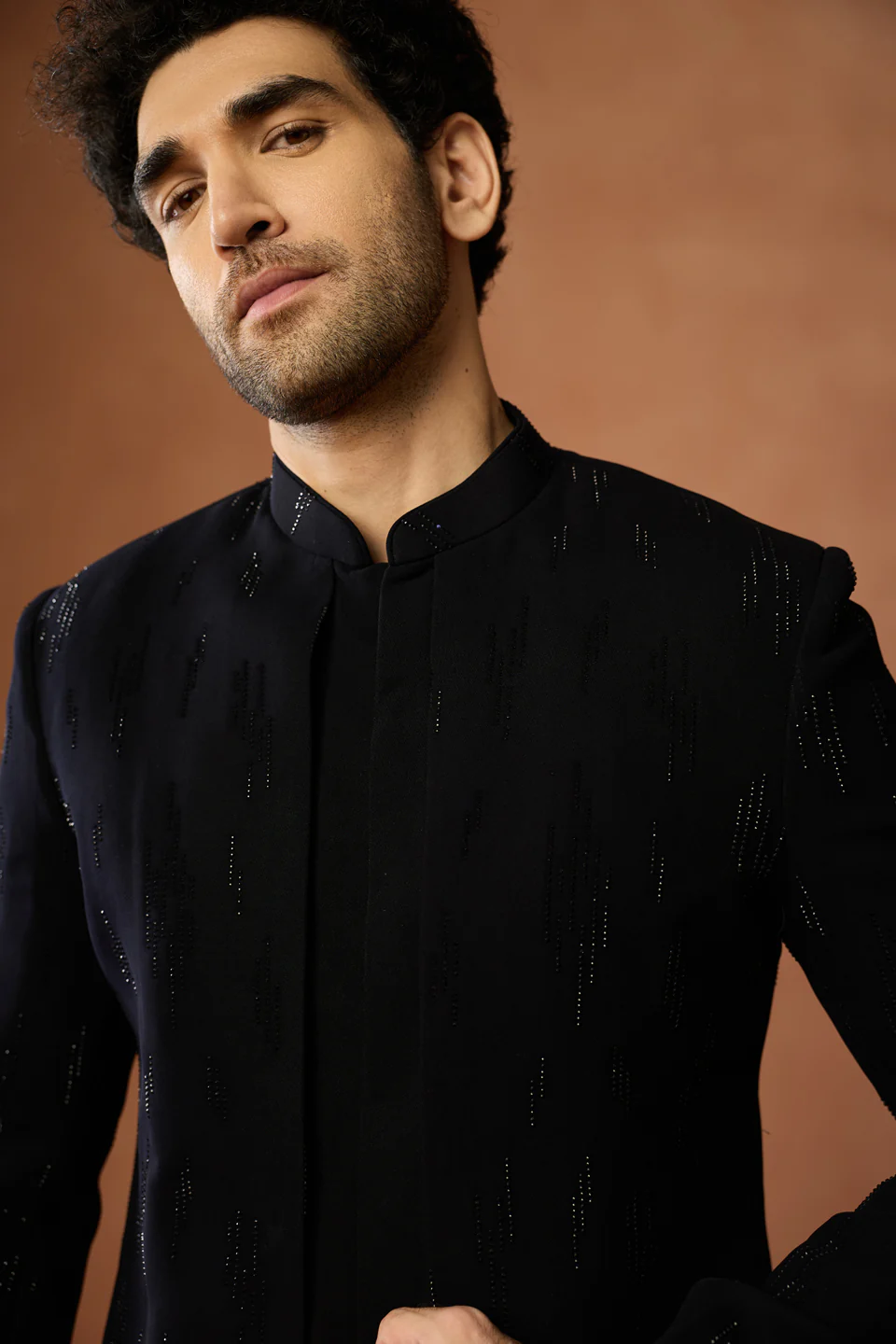Black Silk Blend Embellished Short Sherwani Set - Image 5