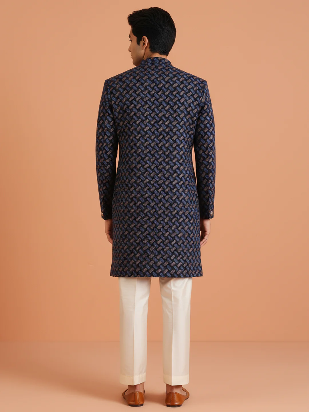 Navy Blue Brocade Sherwani Trouser Set - Image 3