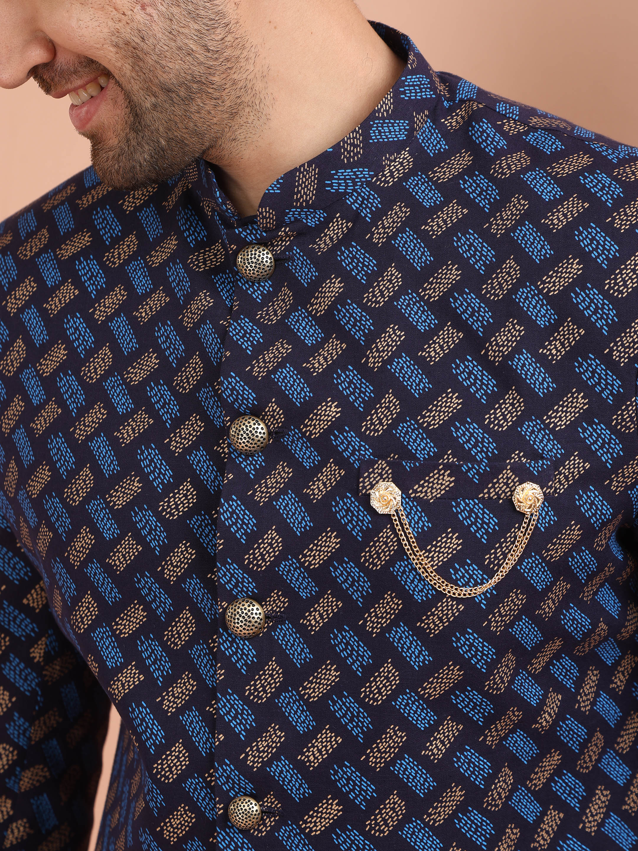 Navy Blue Brocade Sherwani Trouser Set - Image 4