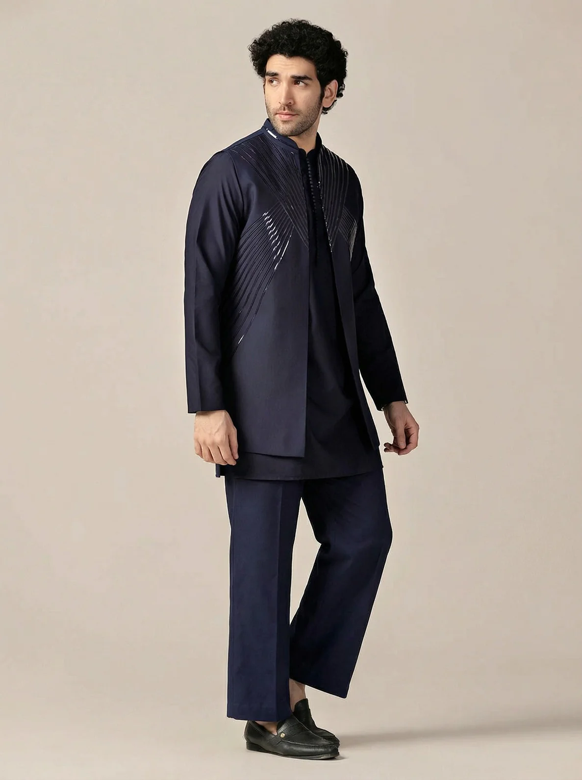 Navy Blue Cotton Blend Embellished Mid Kurta Front Open Jacket Wide Leg Trouser Set - Image 6