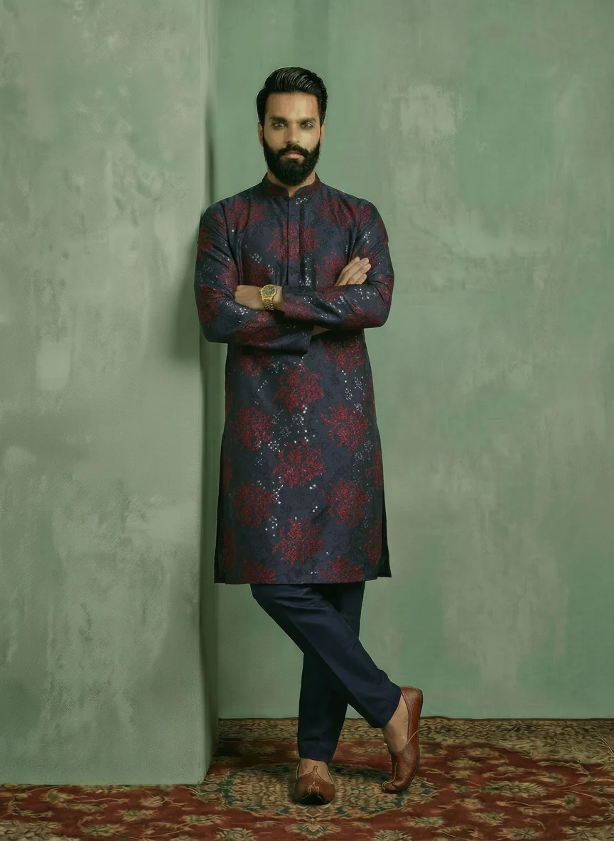 Navy Blue Cotton Blend Embroidered Mid Kurta Trouser Set