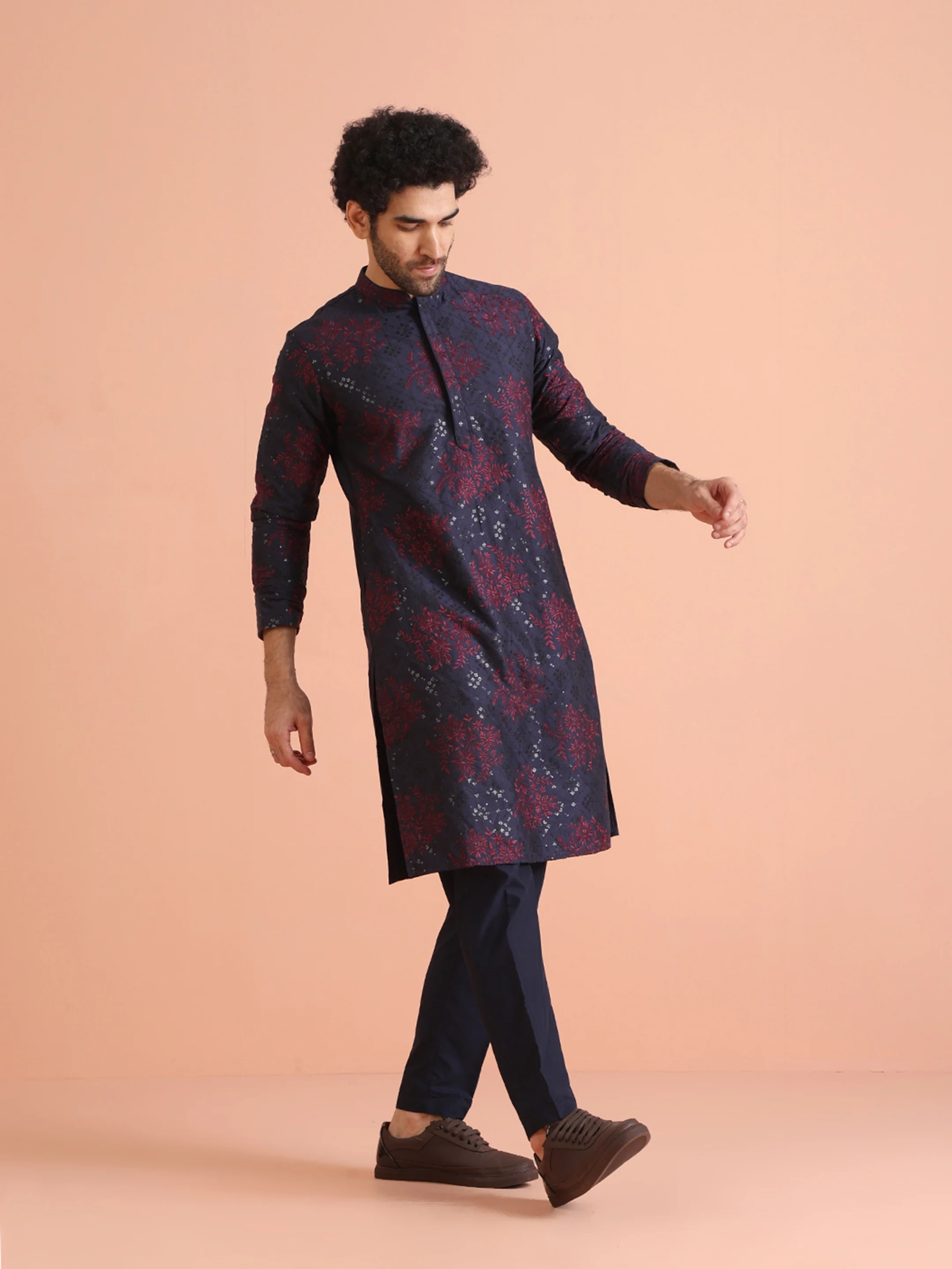 Navy Blue Cotton Blend Embroidered Mid Kurta Trouser Set - Image 2