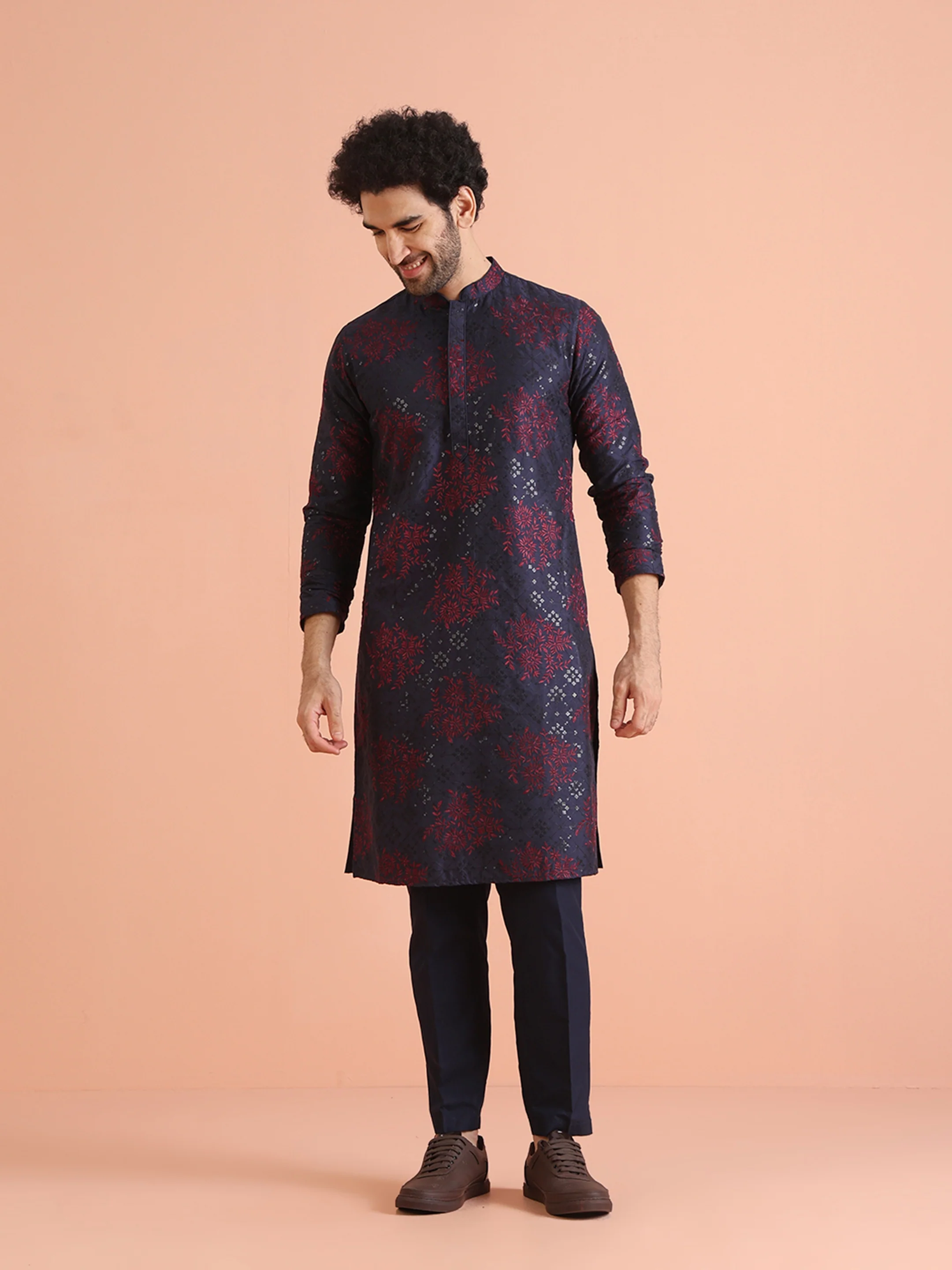 Navy Blue Cotton Blend Embroidered Mid Kurta Trouser Set - Image 8