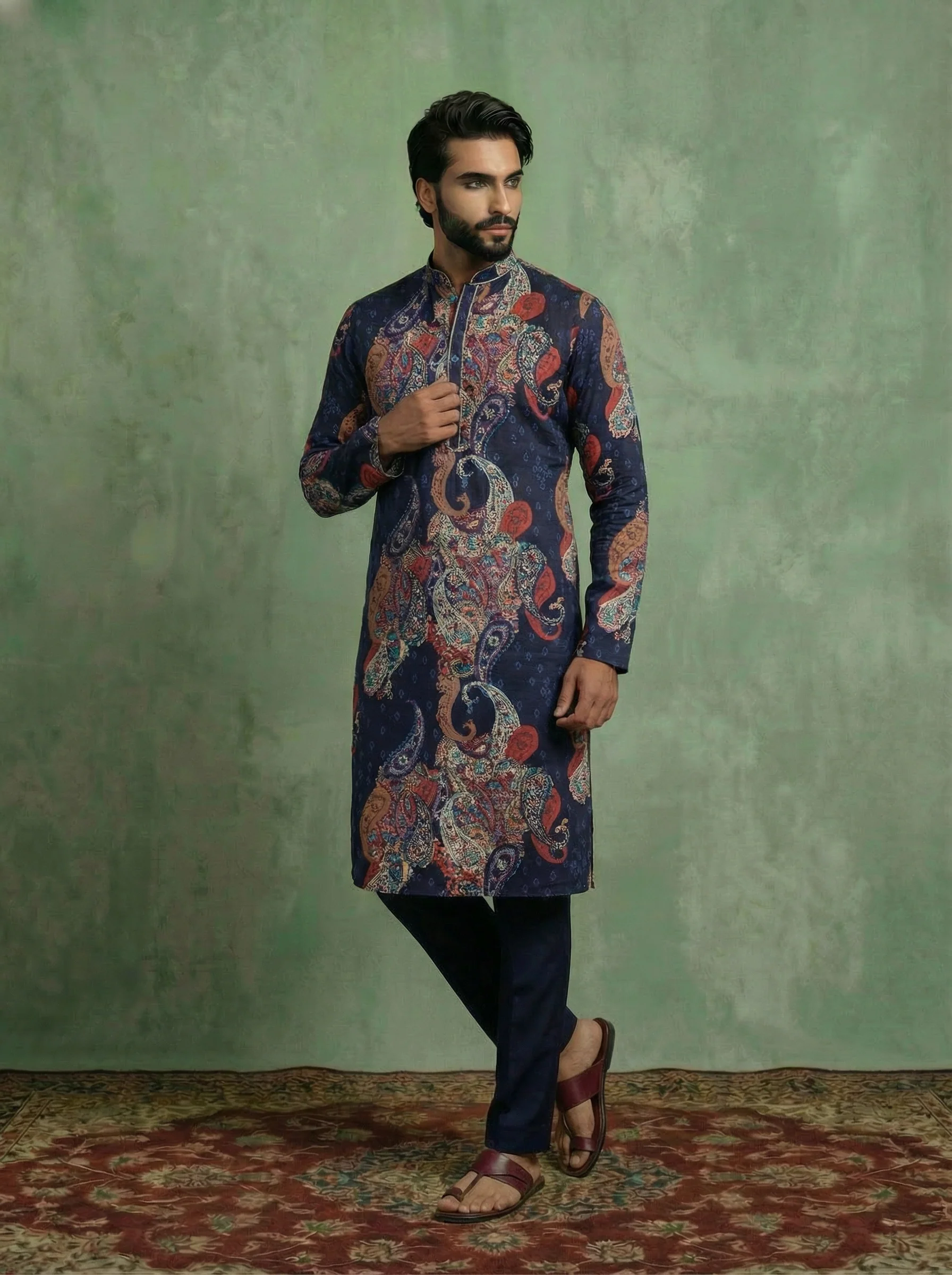 Navy Blue Cotton Blend Printed Long Kurta