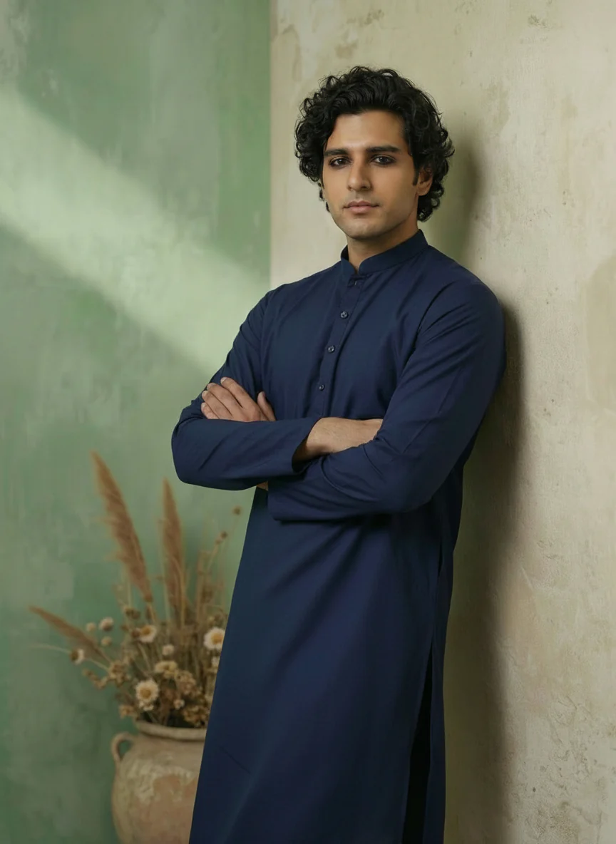 Navy Blue Cotton Blend Solid Plain Kurta