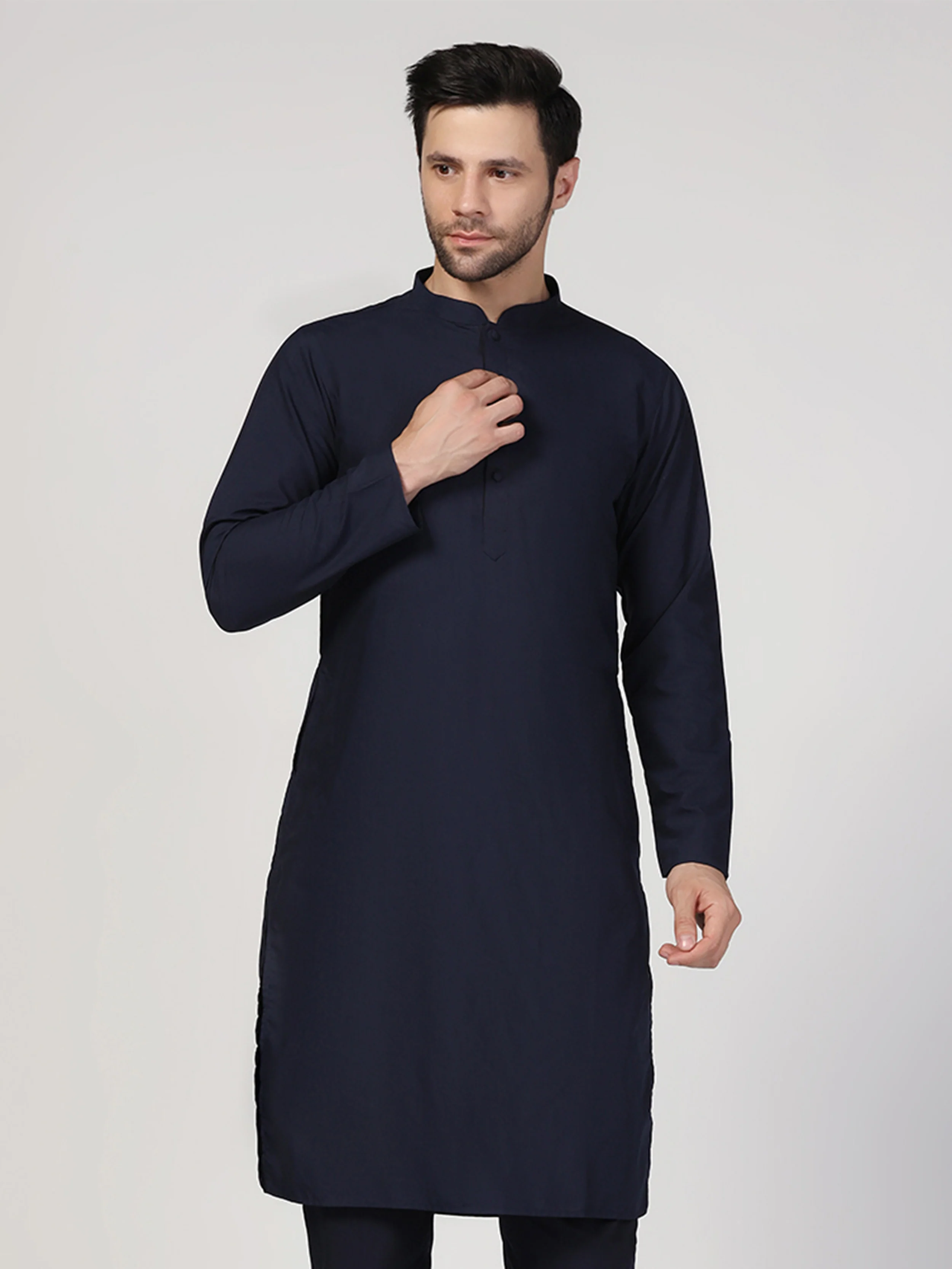Navy Blue Cotton Blend Solid Plain Kurta - Image 7