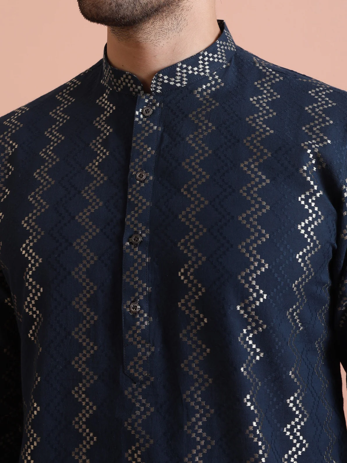 Navy Blue Cotton Blend Textured Kurta Wide Leg Trouser Set - Image 4
