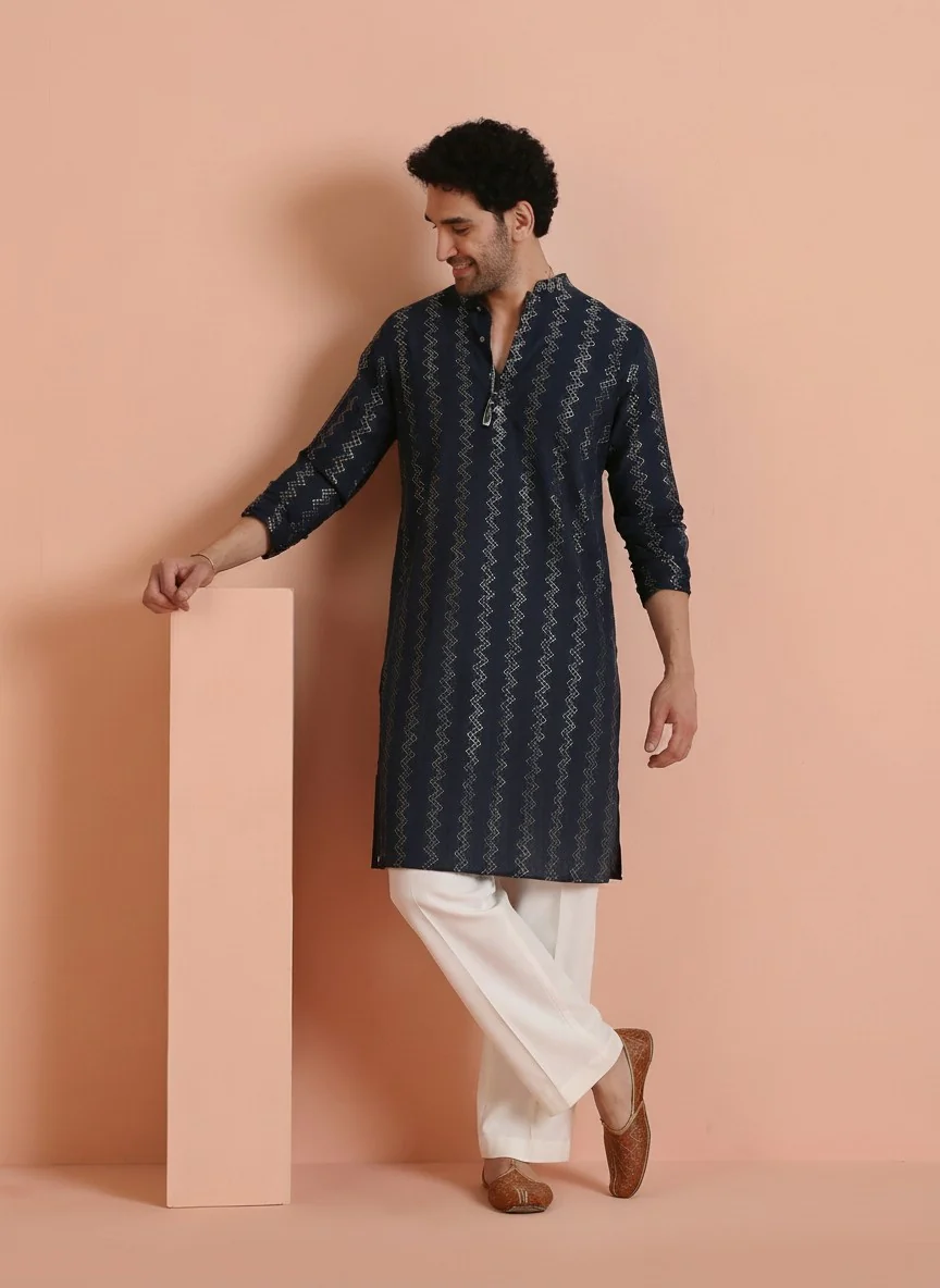 Navy Blue Cotton Blend Textured Kurta Wide Leg Trouser Set - Image 7