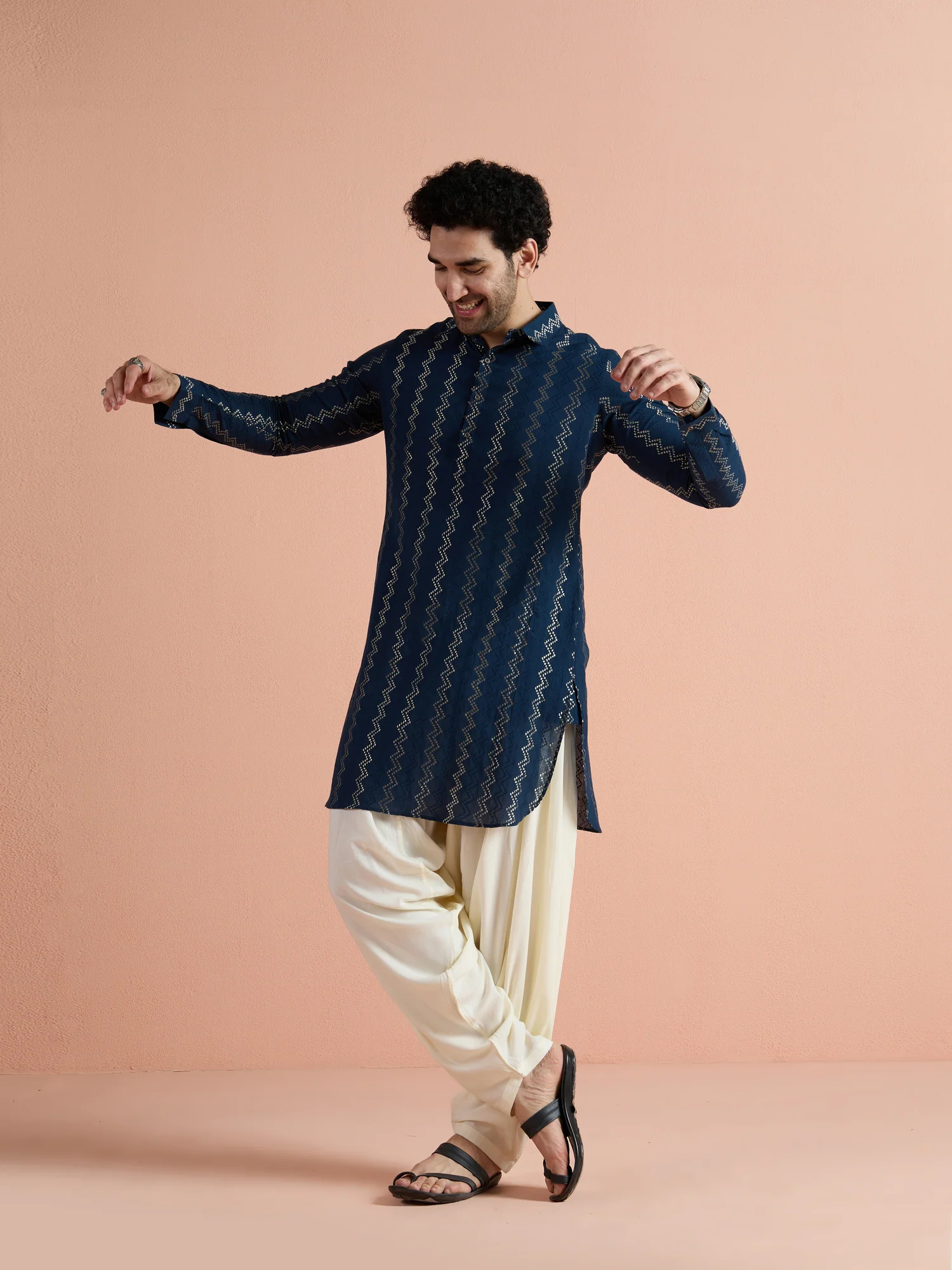 Navy Blue Cotton Jacquard Pathani Kurta - Image 10