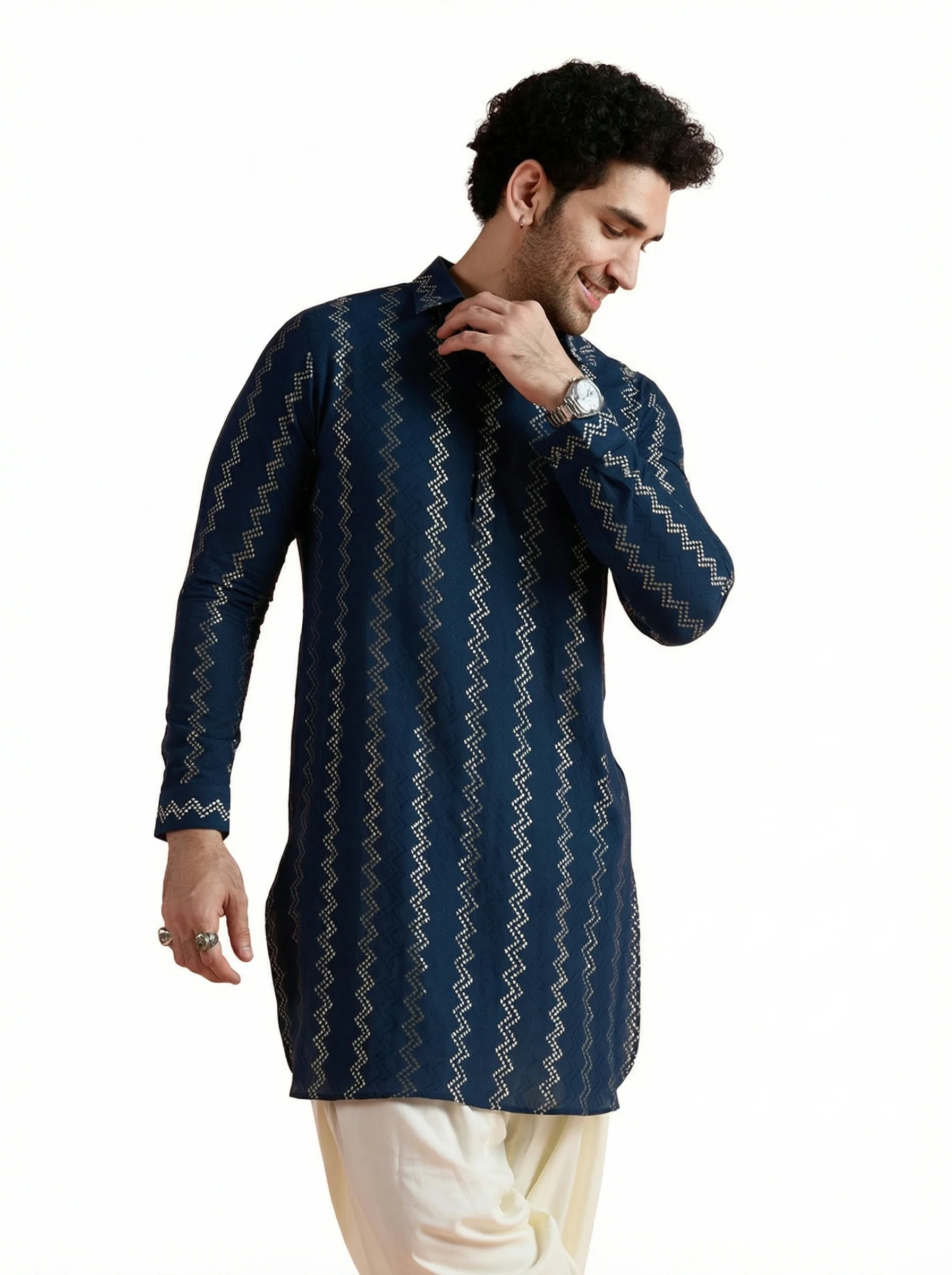 Navy Blue Cotton Jacquard Pathani Kurta - Image 11