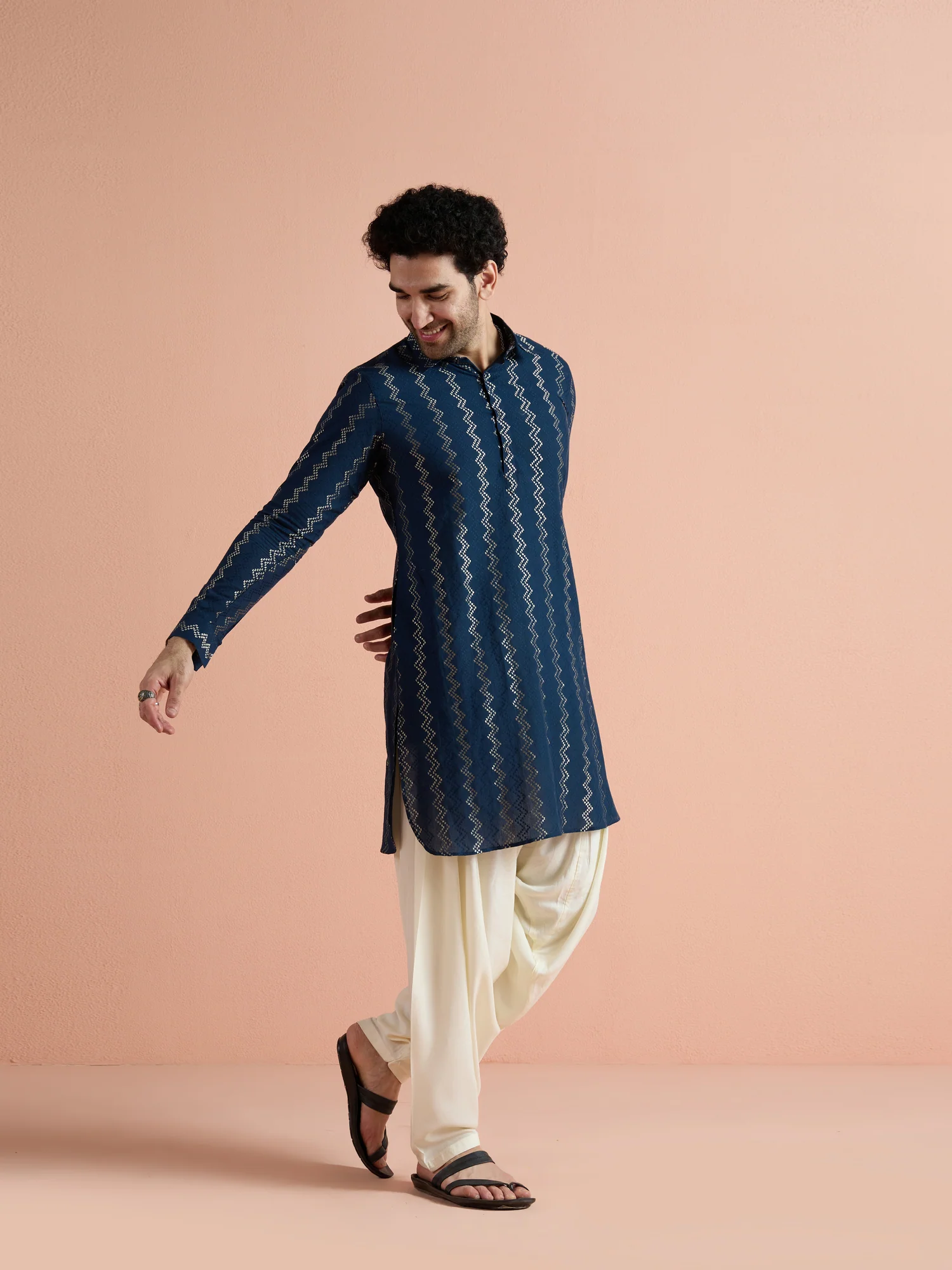 Navy Blue Cotton Jacquard Pathani Kurta - Image 3