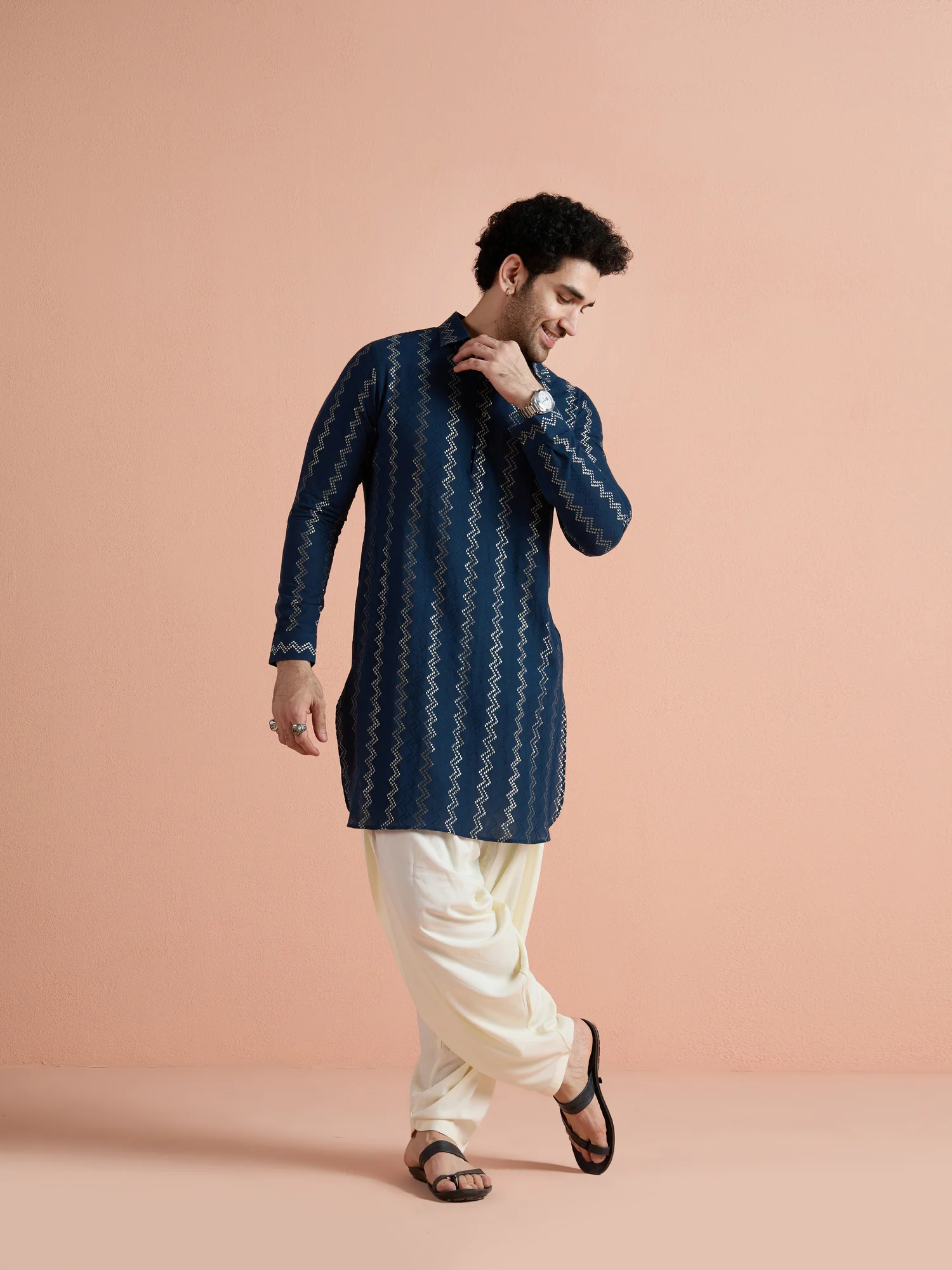 Navy Blue Cotton Jacquard Pathani Kurta - Image 4