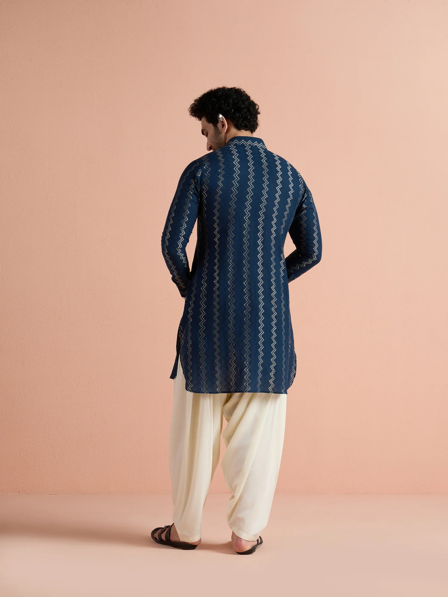 Navy Blue Cotton Jacquard Pathani Kurta - Image 5
